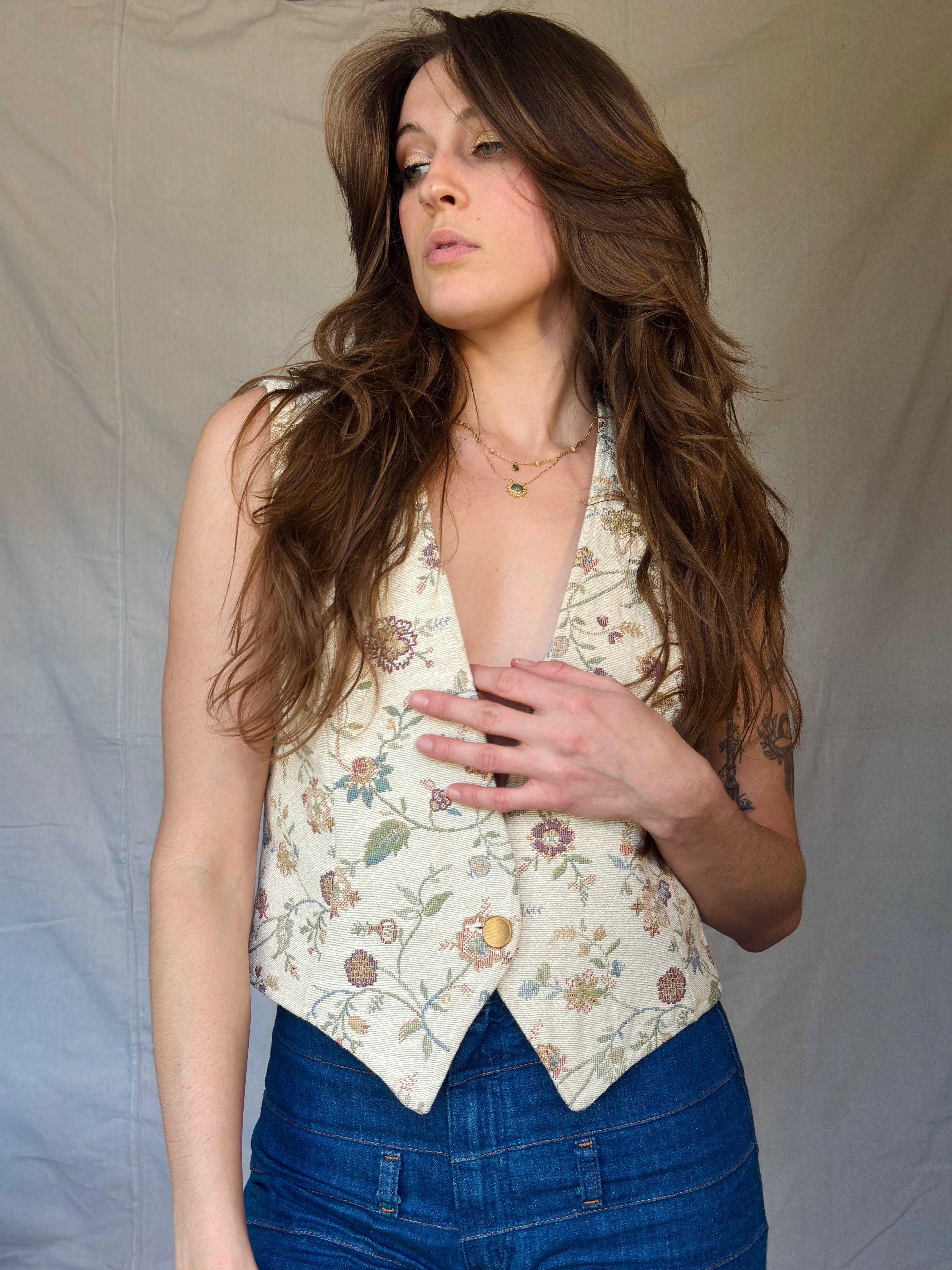 Vintage Cream Floral Tapestry Vest