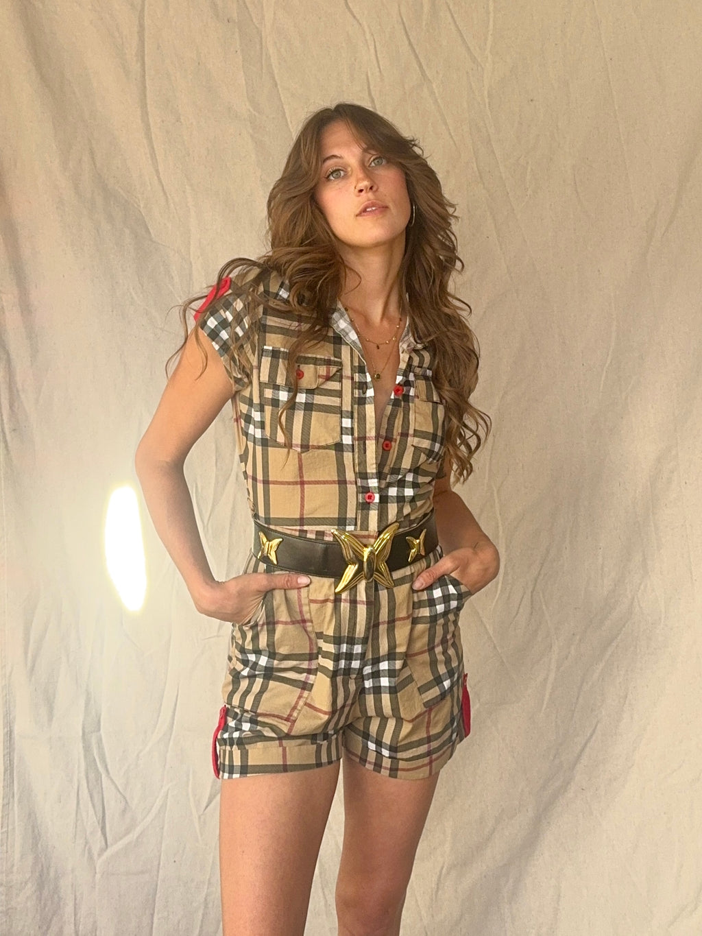 B/urberry Check Plaid Belted Button Up Romper