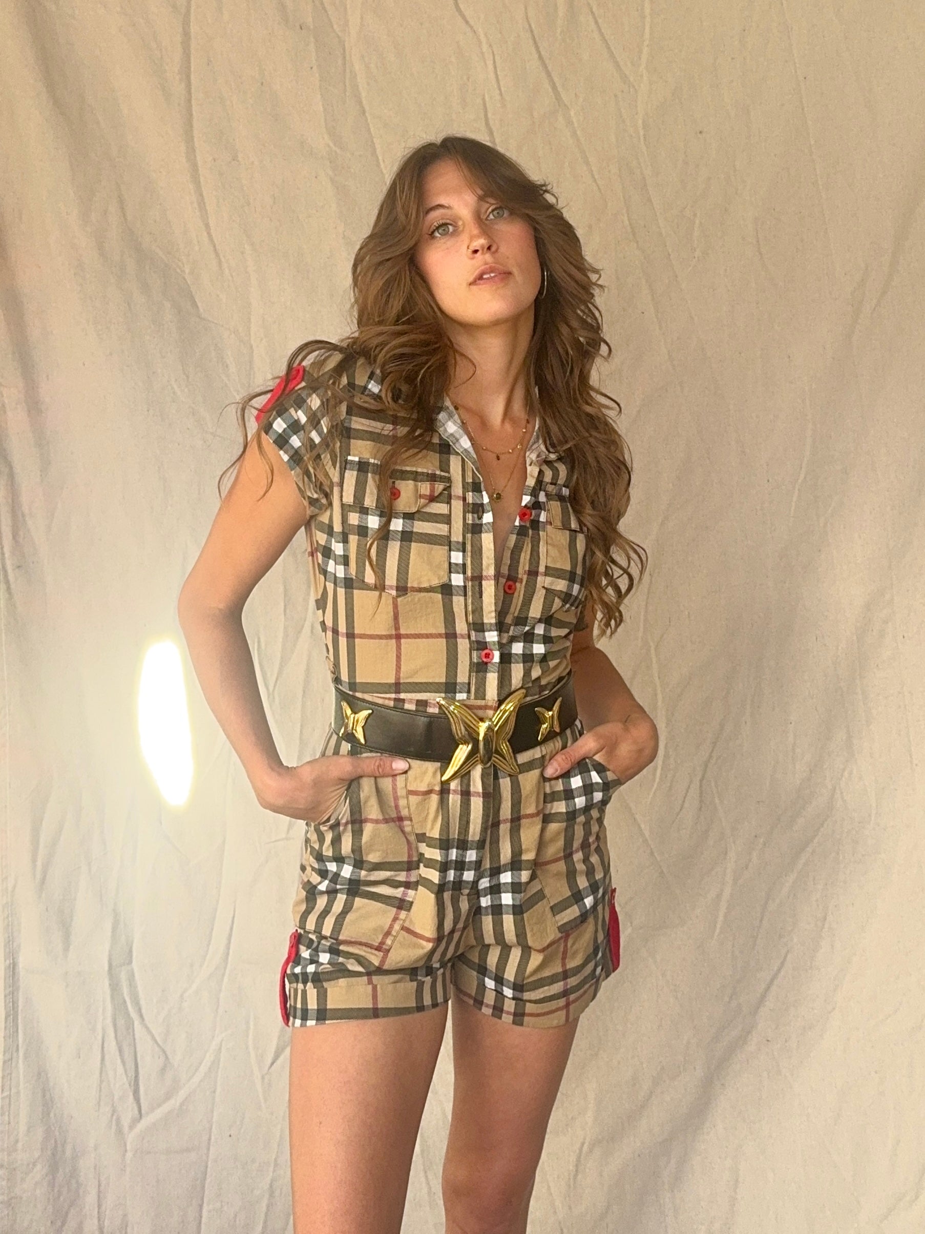 B/urberry Check Plaid Belted Button Up Romper