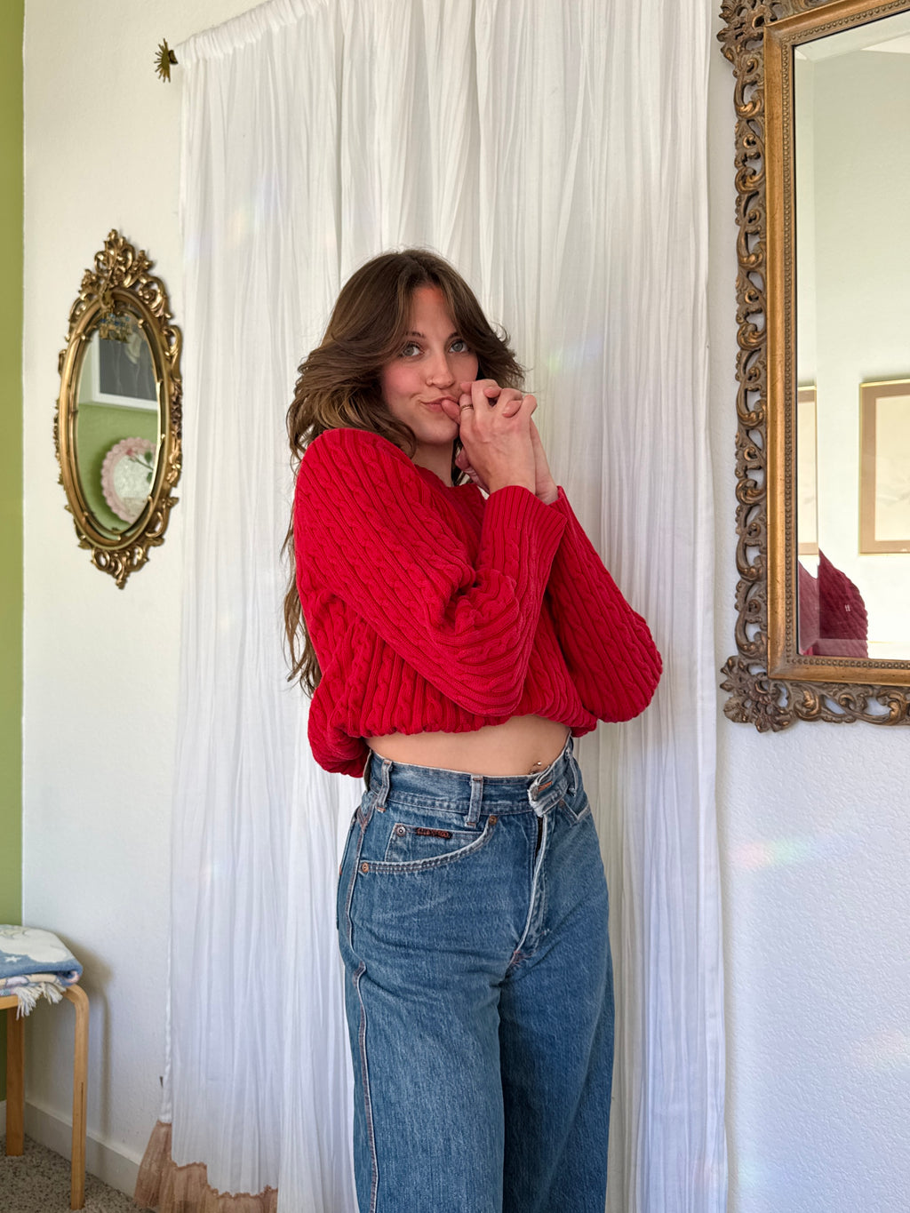 Y2K Red Cotton Cable Knit Liz Claiborne Sweater