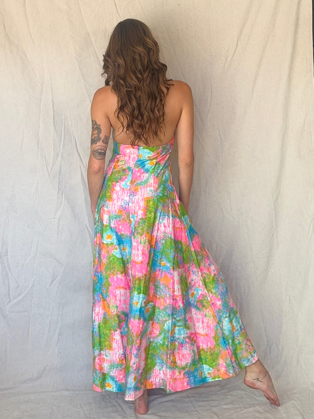 60s Handmade Dayglo Halter Maxi Dress