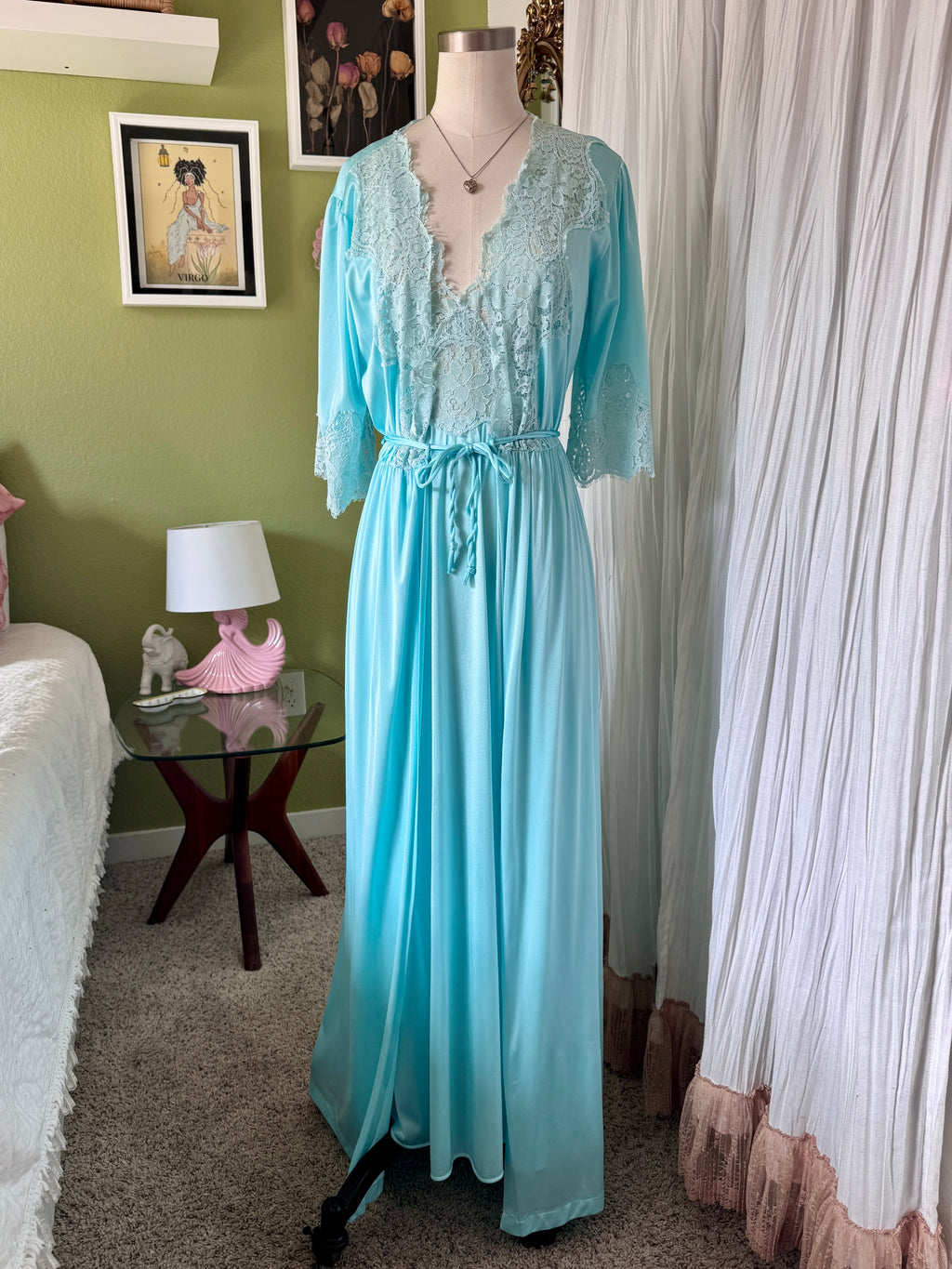 70s Turquoise Blue Nylon Neglige & Peignoir Set