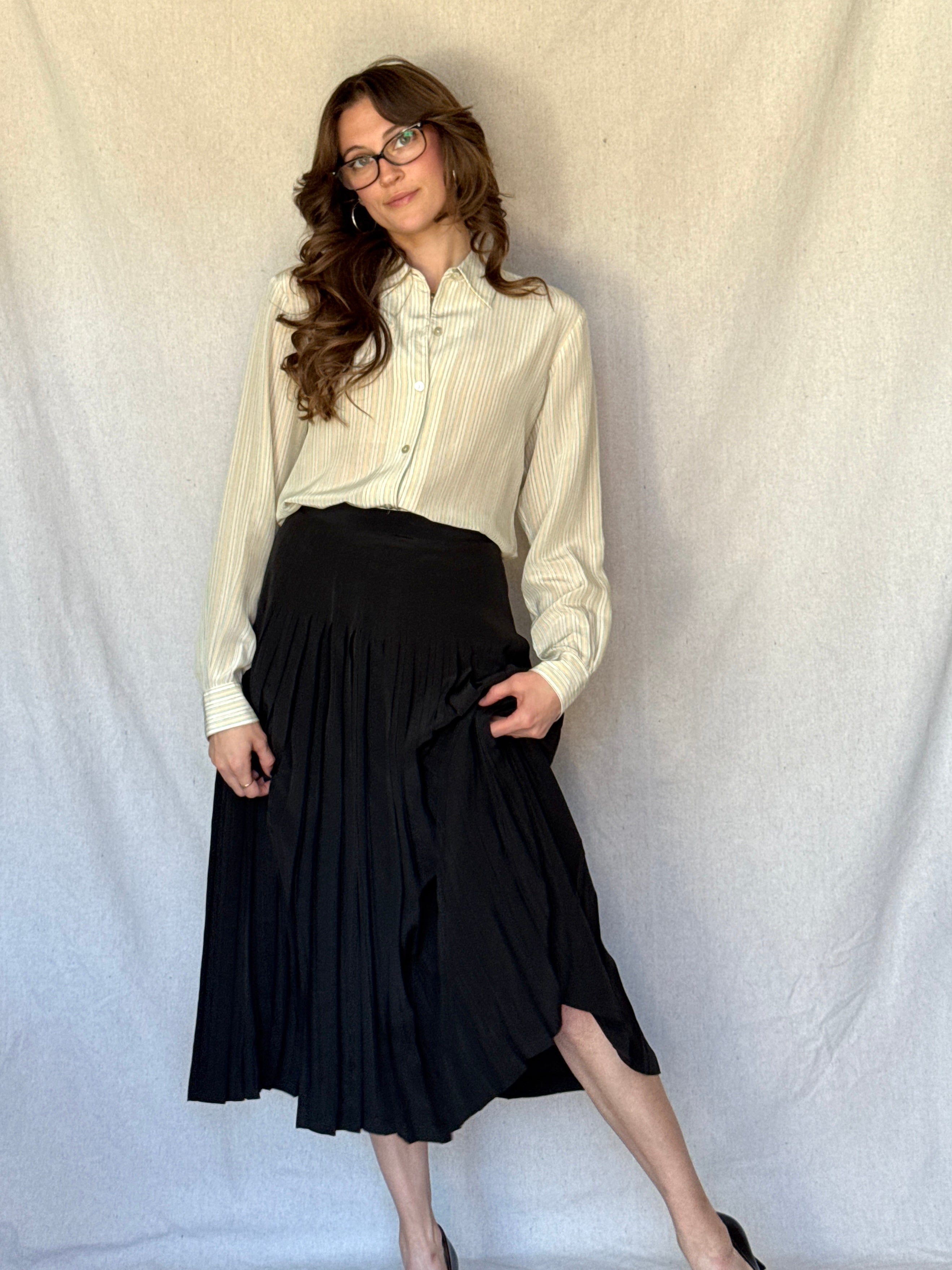 70s St. Martin Black Silk Pleated Midi Skirt