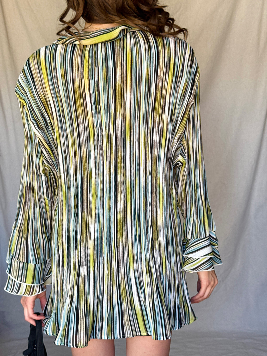 Y2K Striped Whimsy Crinkle Pleat Blouse