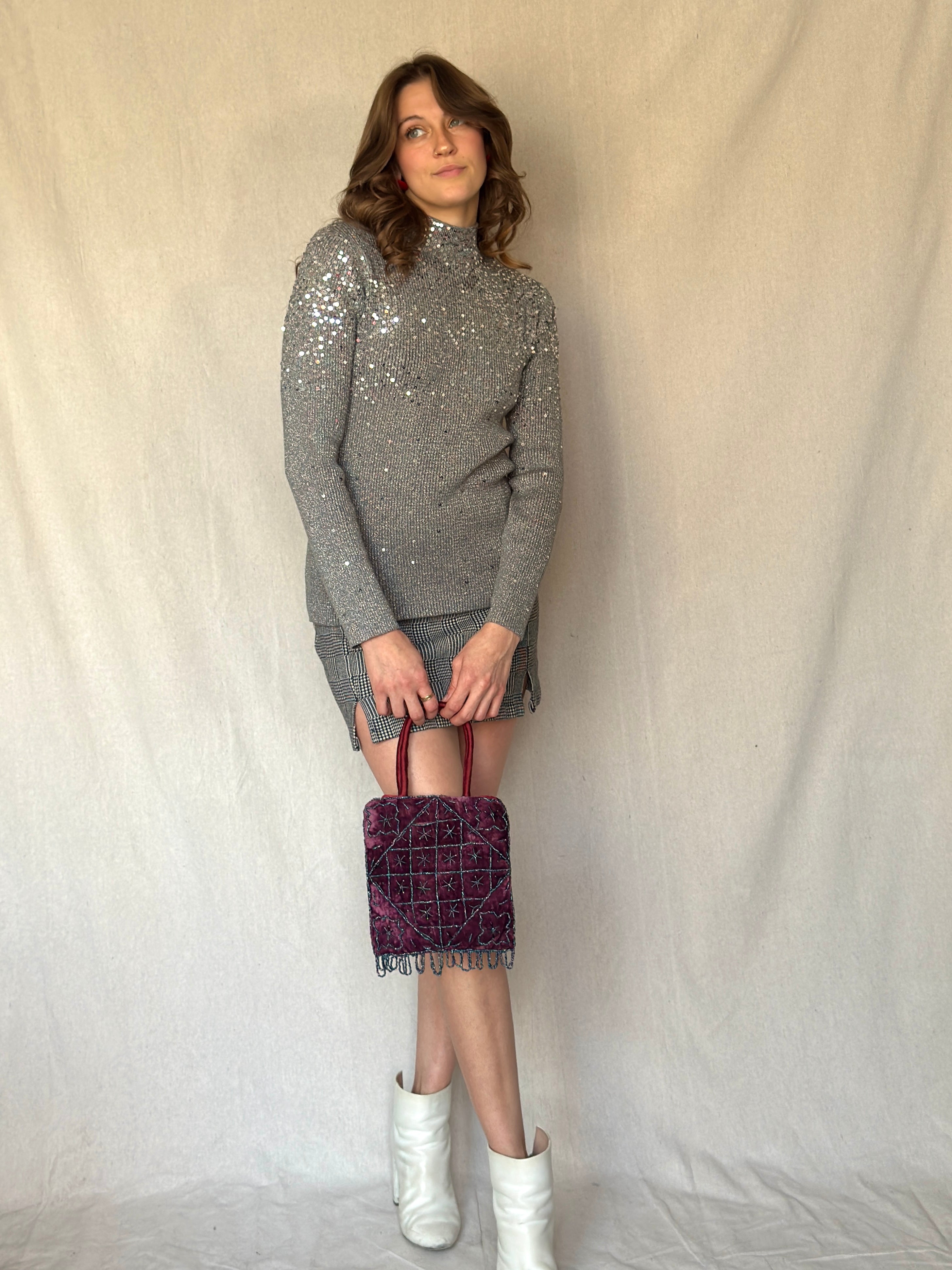 90s Silver Lurex Sequin Mockneck Ribbed Top