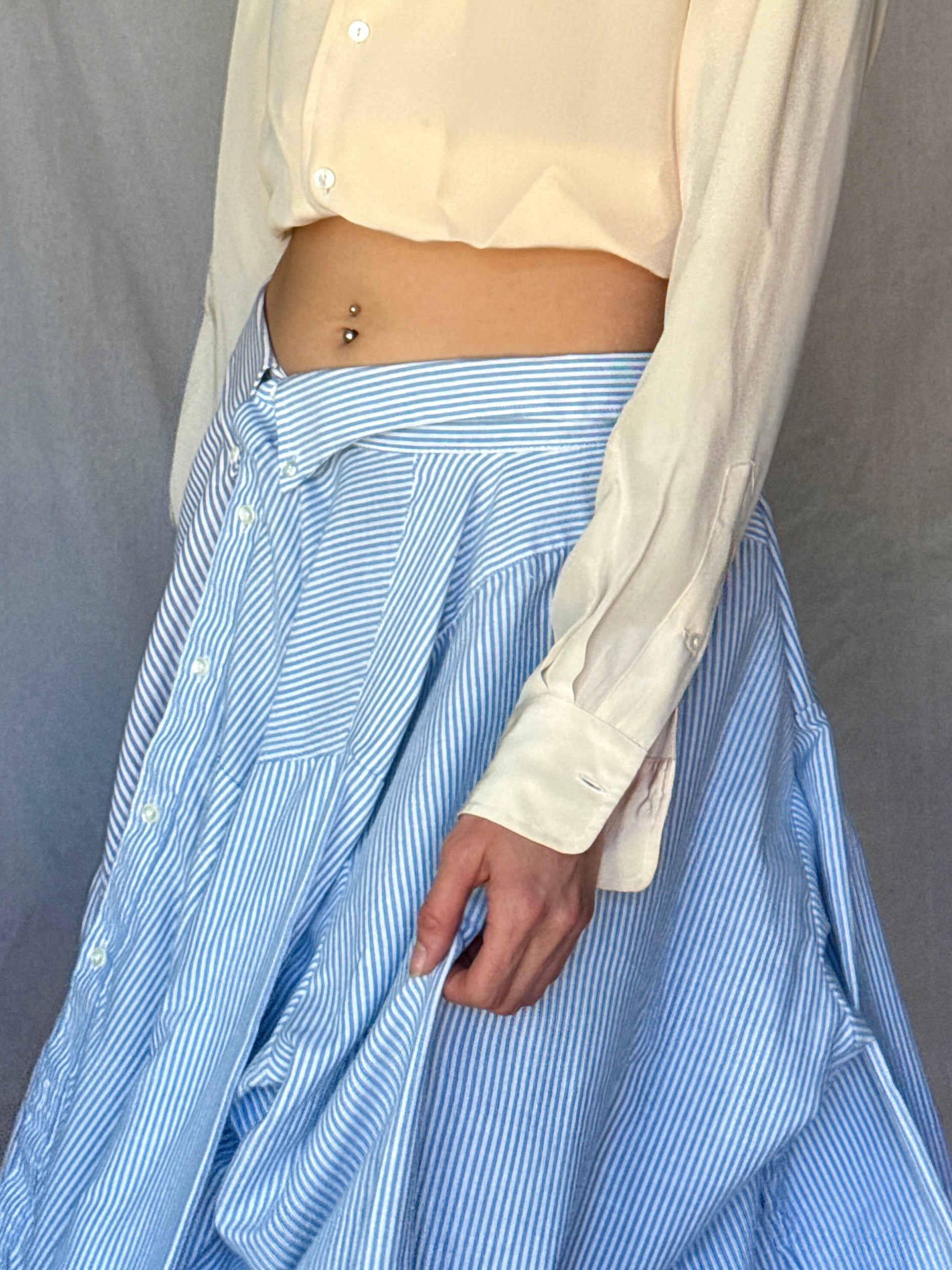 Repurposed Blue Pinstriped Button Up Skirt Set