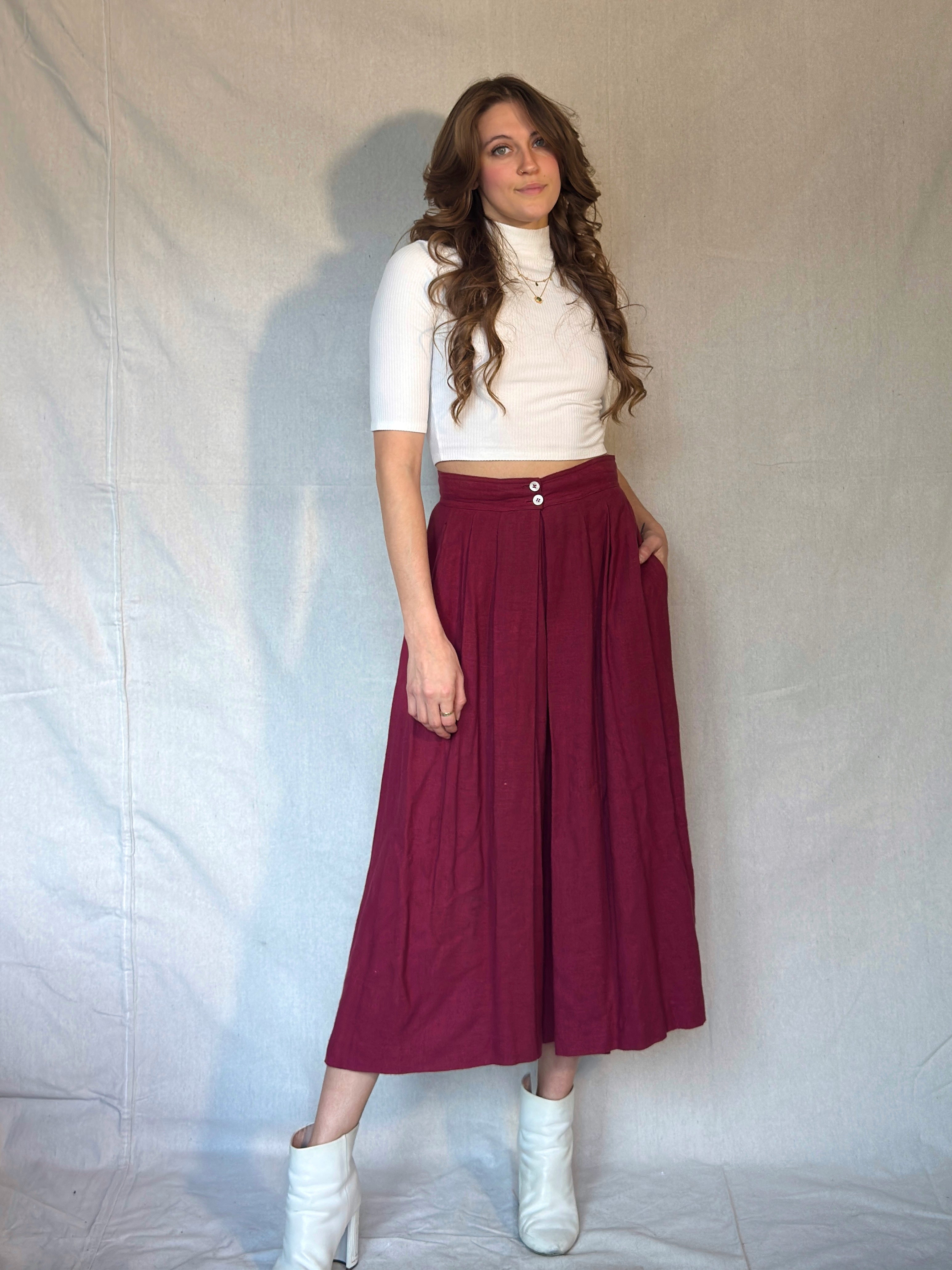 70s Burgundy Pleated Midi Skirt