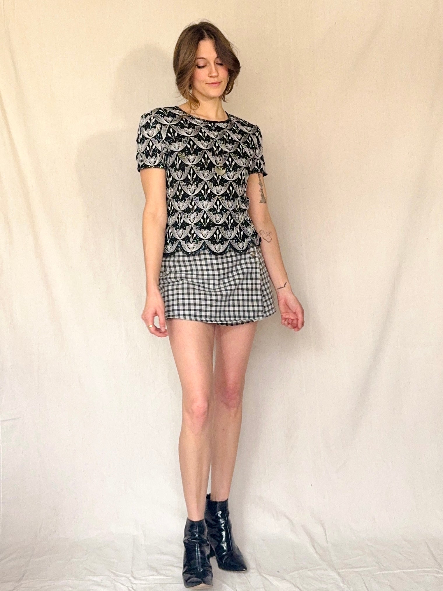 90s Silk Embroidered and Beaded Black Blouse