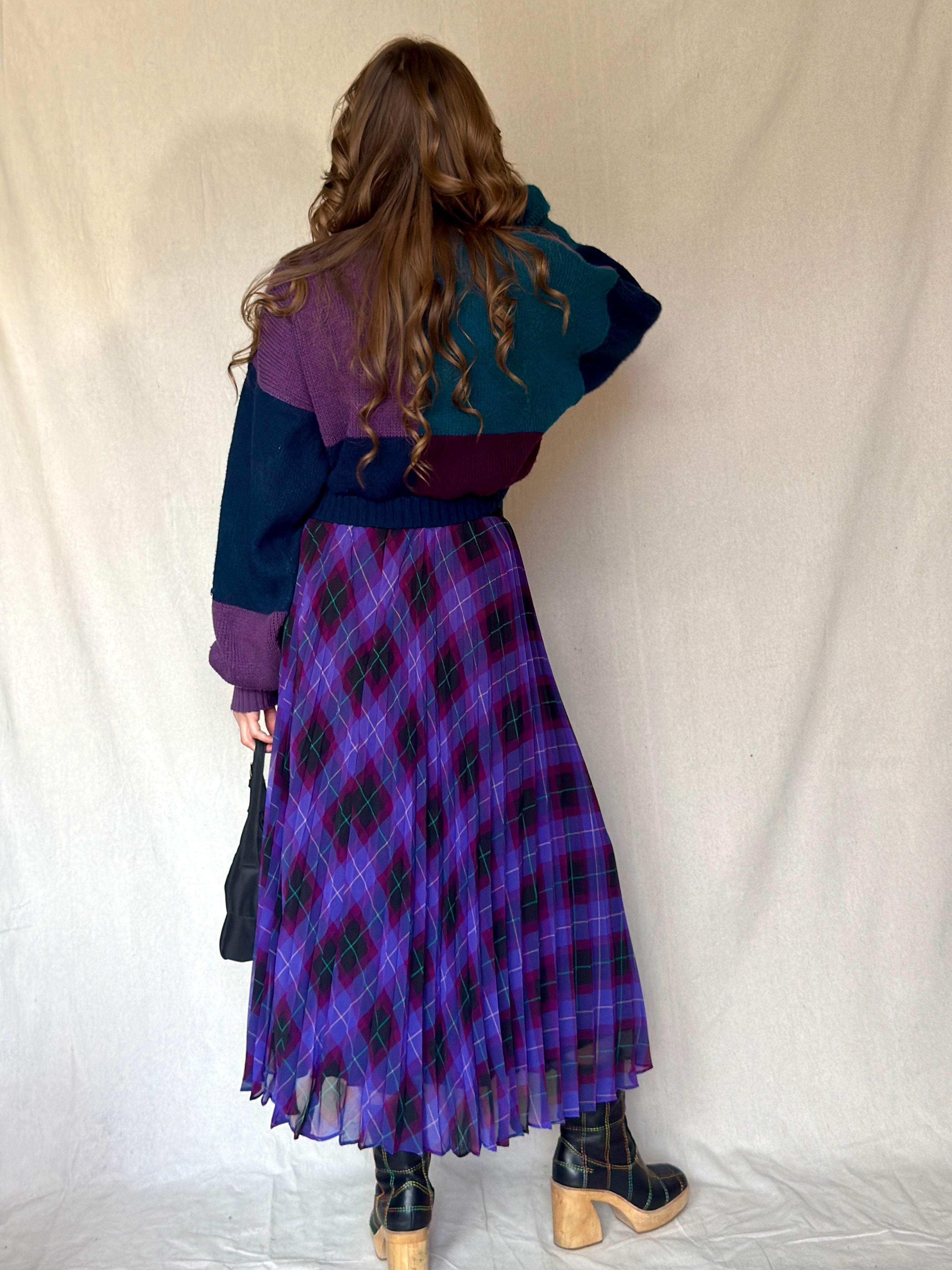 Y2K Purple Argyle Print Pleated Maxi Skirt