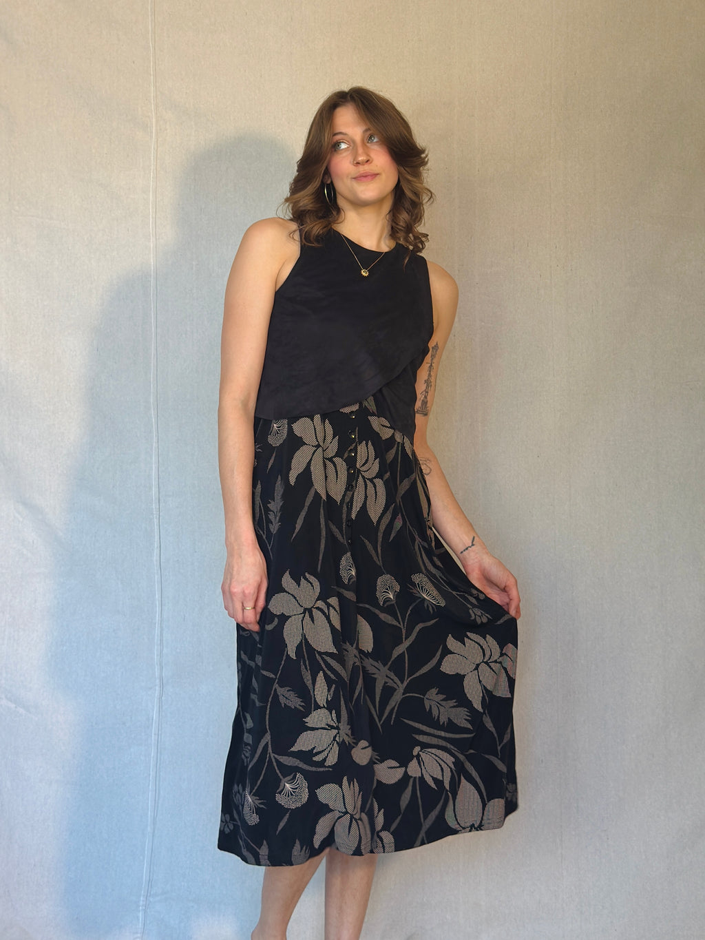 90's Black Floral Button Front Midi Skirt