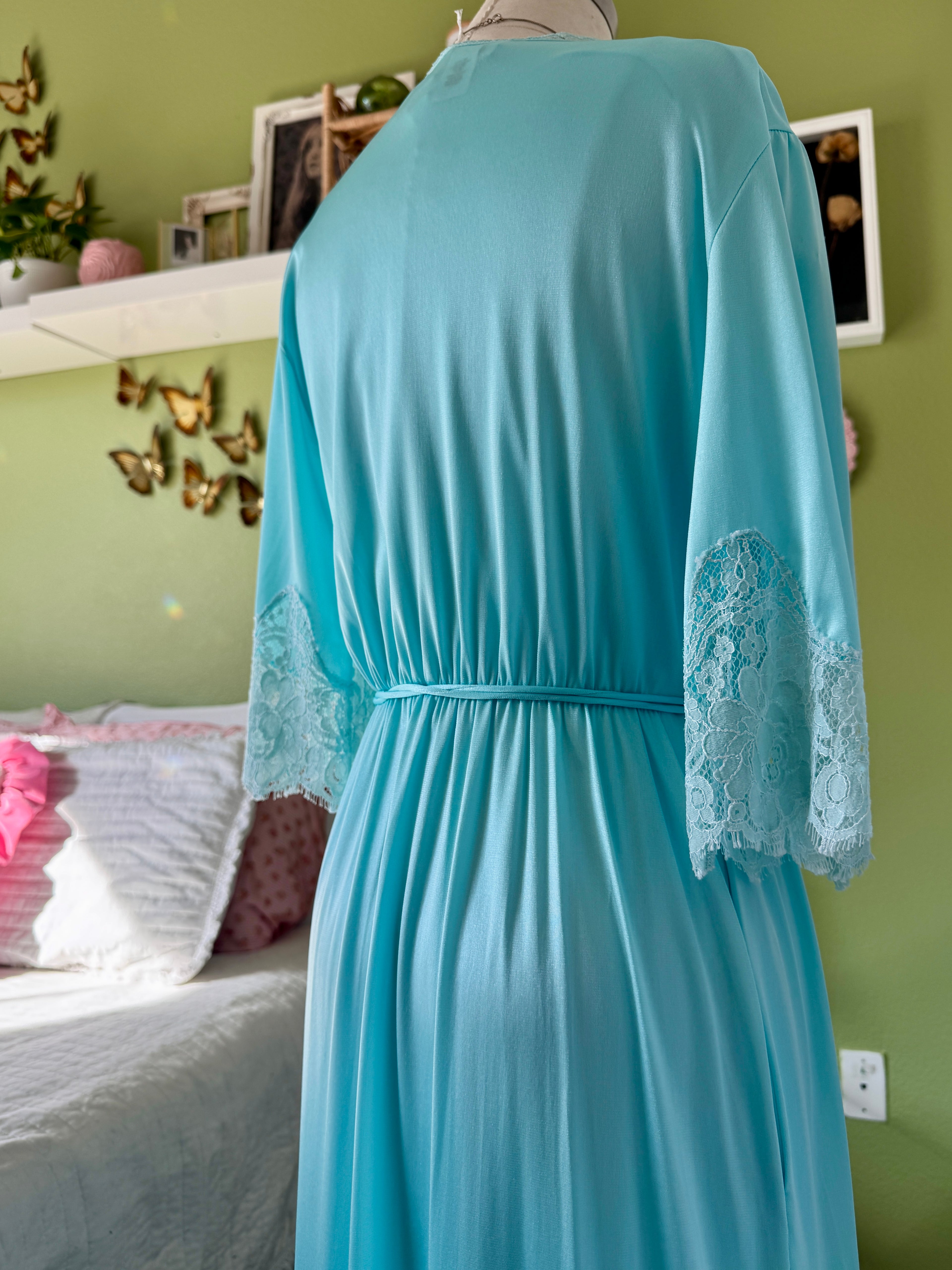 70s Turquoise Blue Nylon Neglige & Peignoir Set
