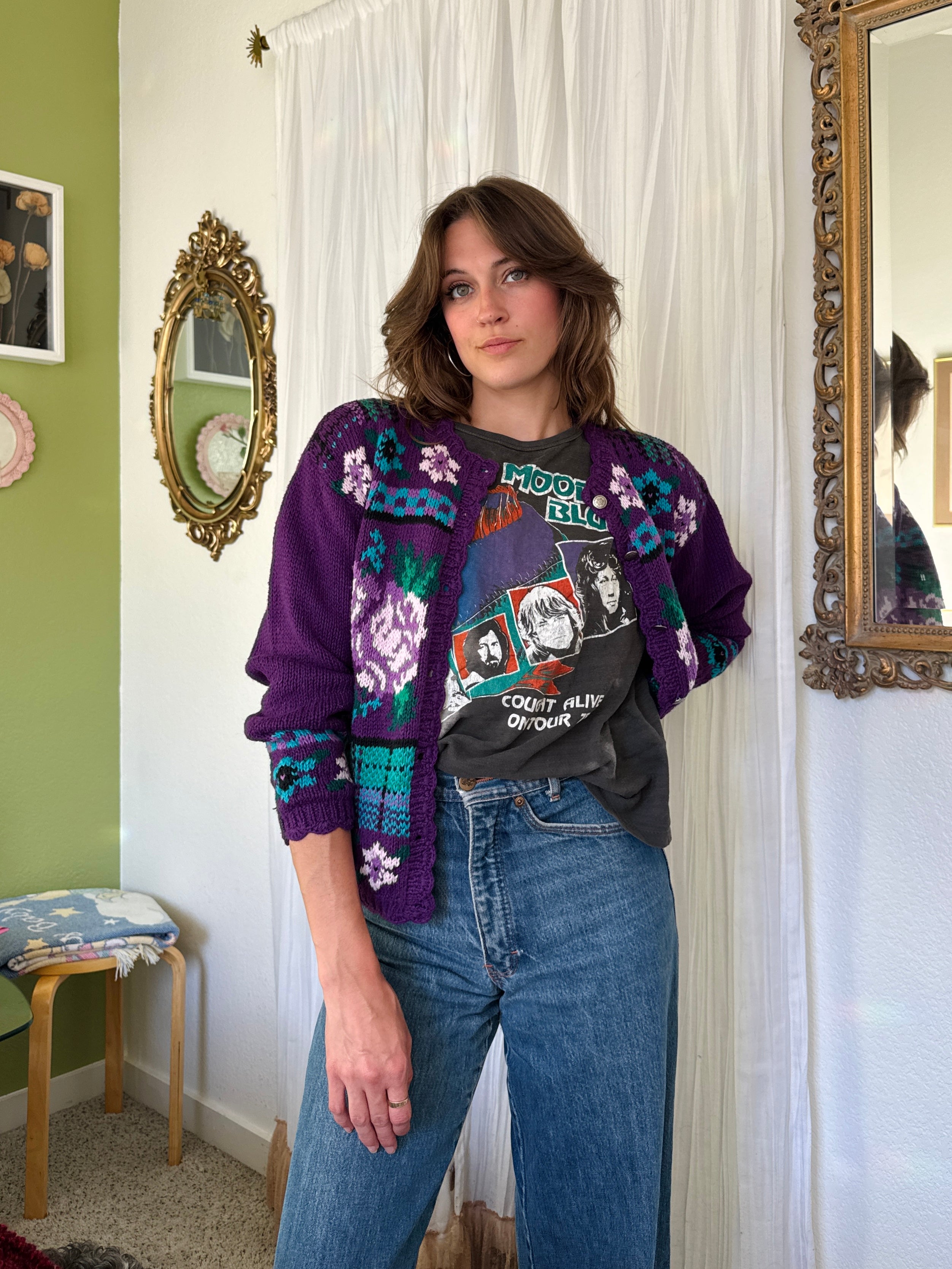 80s Purple Floral Plaid Granny Cardigan Sweater
