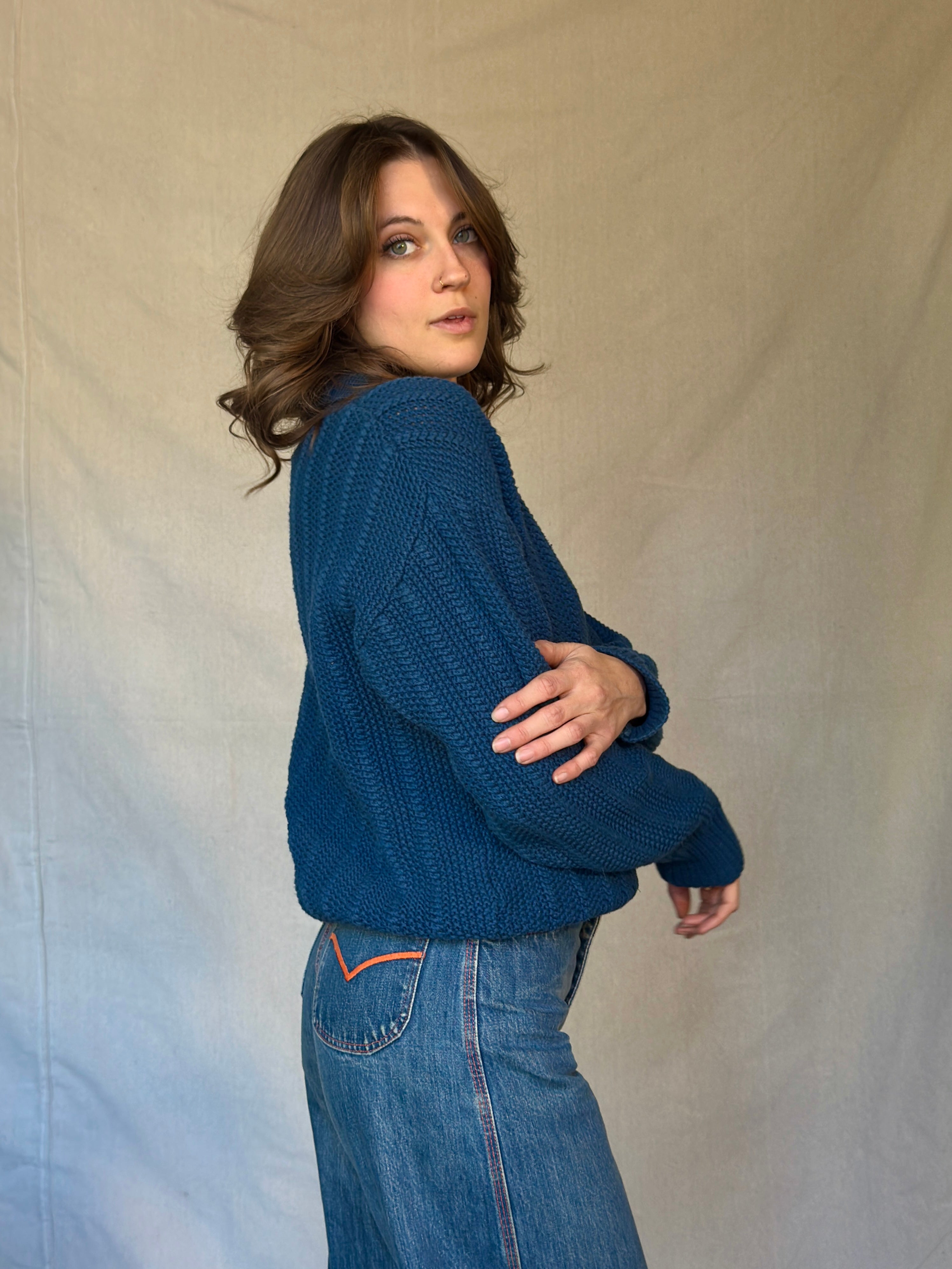 70s Blue Chunky Knit Cotton Sweater