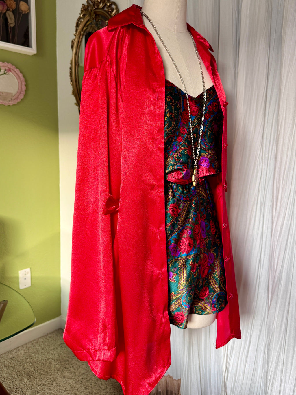80s Red Satin Bow Button Up