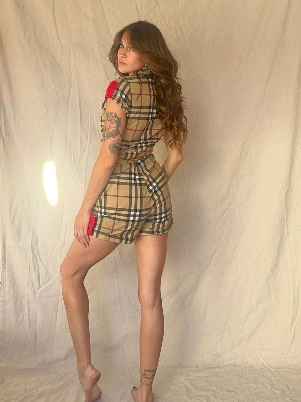 B/urberry Check Plaid Belted Button Up Romper