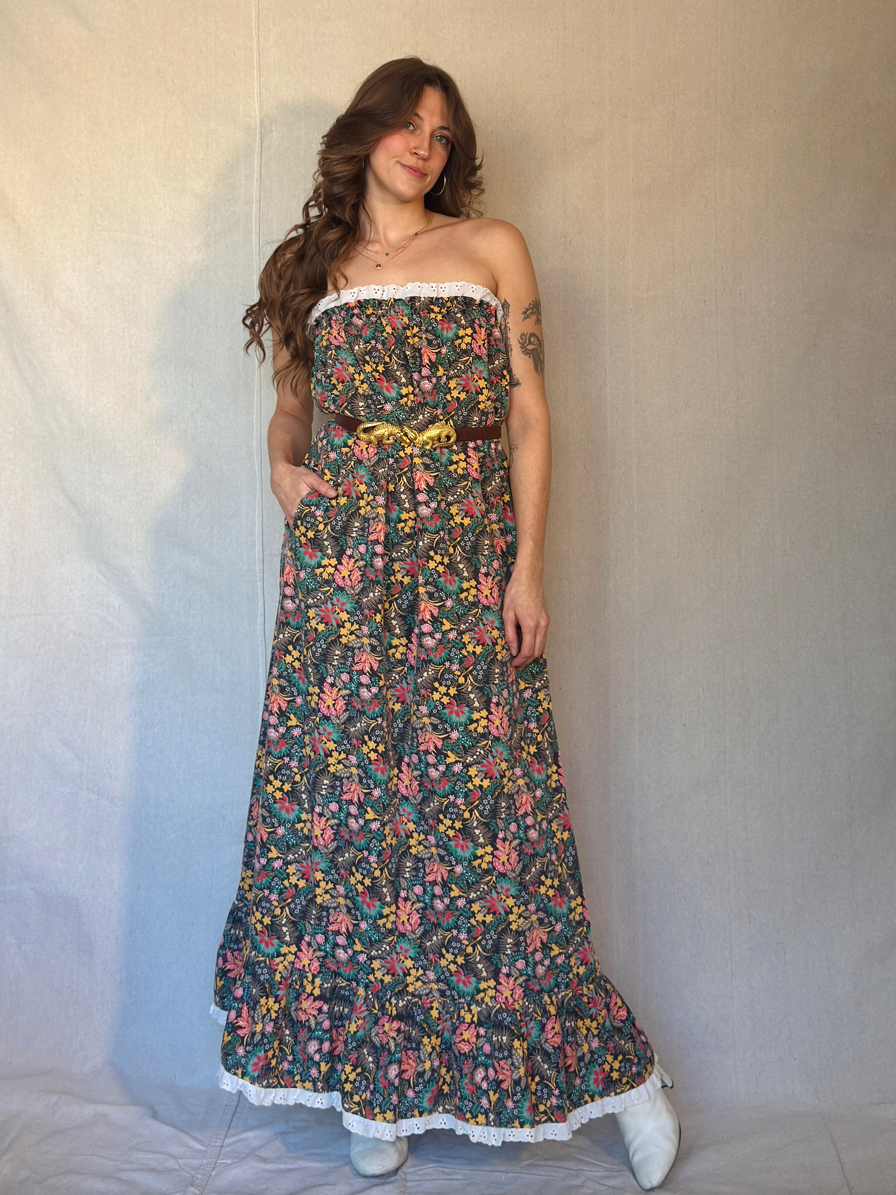70s Brown Floral Strapless Maxi Dress Soapbox Vintage 70s Brown Floral Strapless Maxi Dress Soapbox Vintage