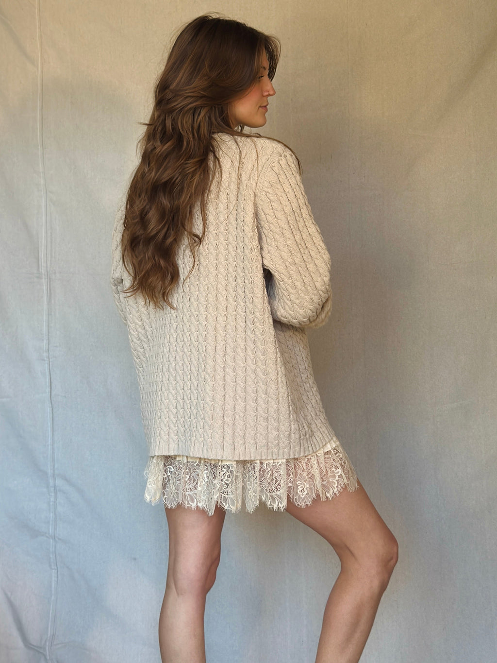 90s Light Beige Cable Knit Cardigan Sweater
