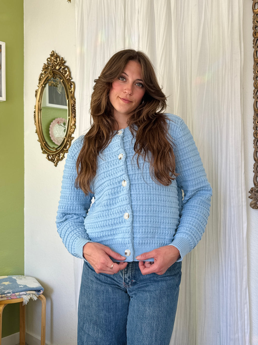 Powder Blue Cotton Knit Button Up Cardigan (Modern)