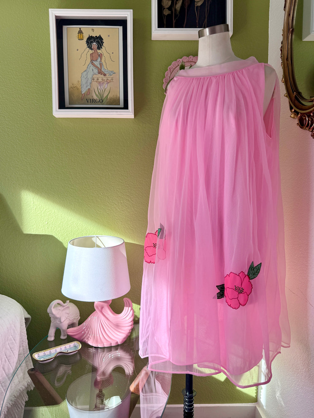 60s Pink Dayglo Nylon Hibiscus Flower Neglige & Peignoir Set