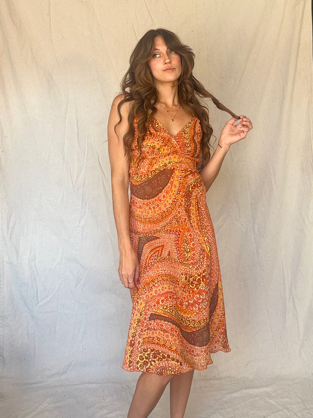 Orange Floral Swirl Ruffled Strappy Sundress (Modern)