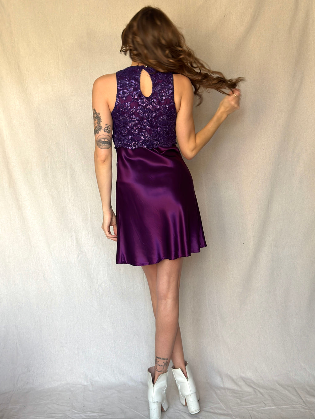 90s Purple Lace Satin Mini Keyhole Dress