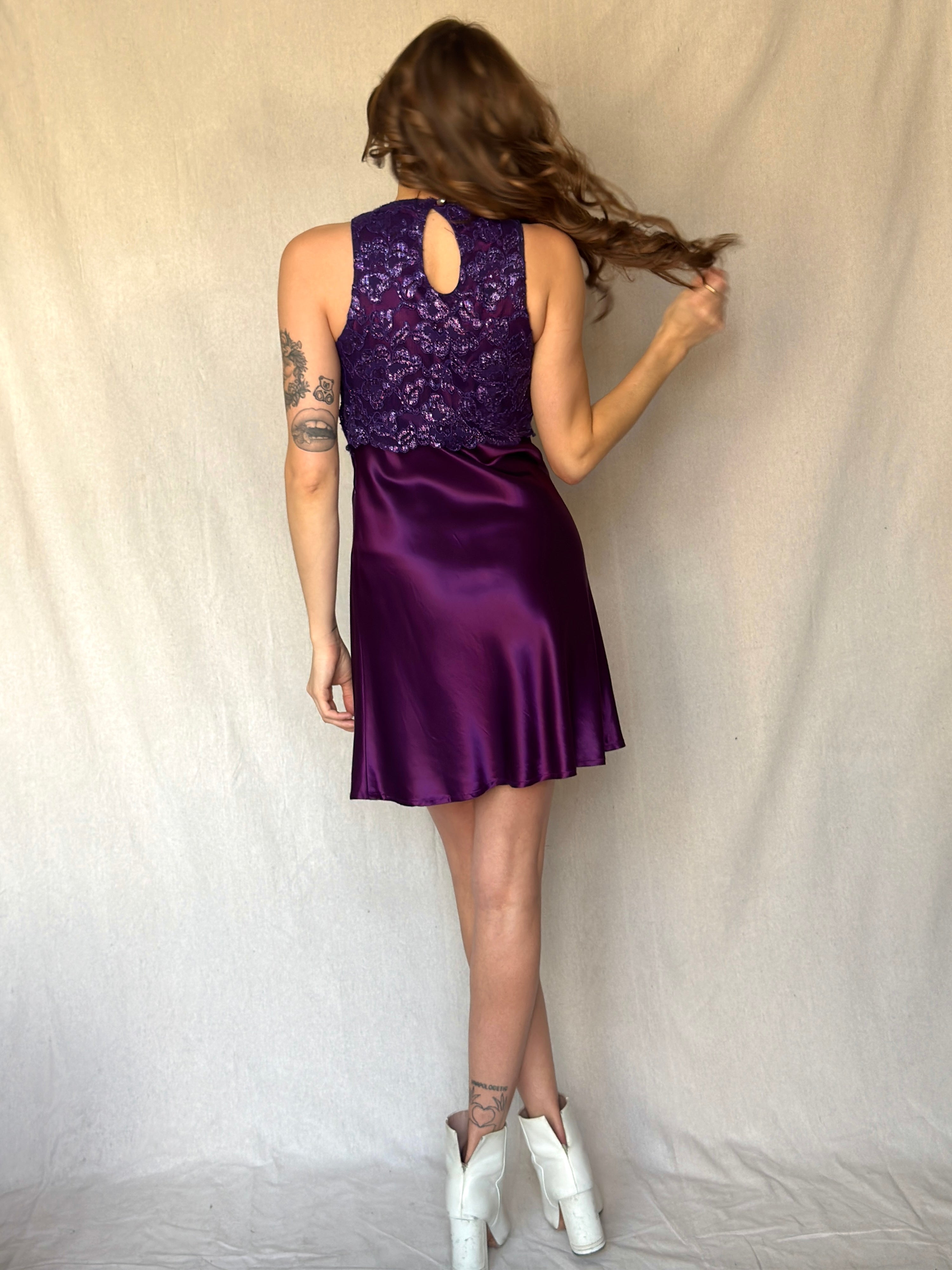 90s Purple Lace Satin Mini Keyhole Dress