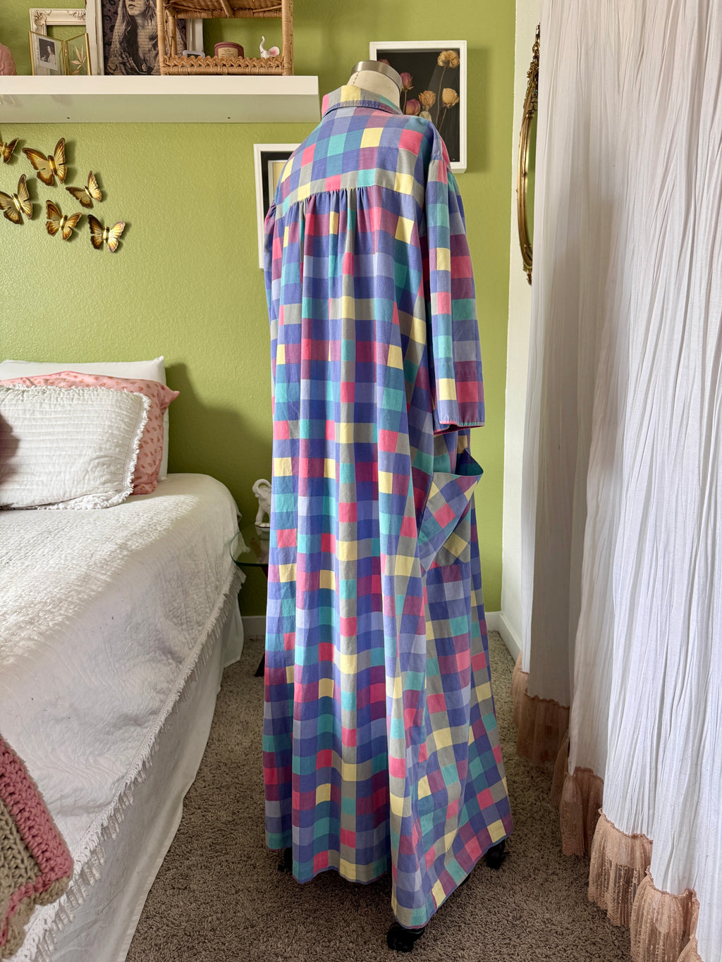 80s Purple Color Block Pearl Snap Duster Housecoat