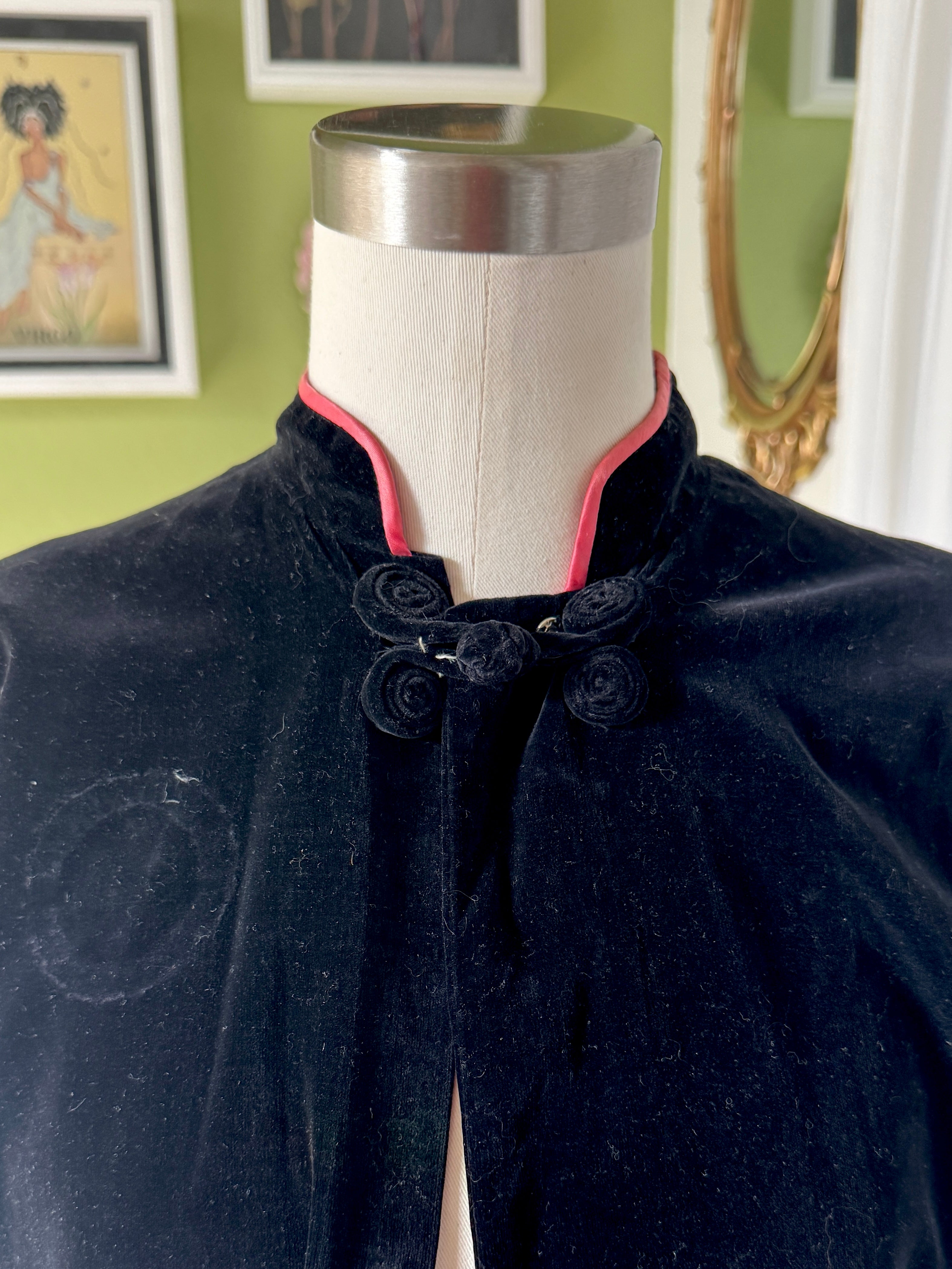 50s Black Velvet Pink Lined Smoking Jacket Duster Coat