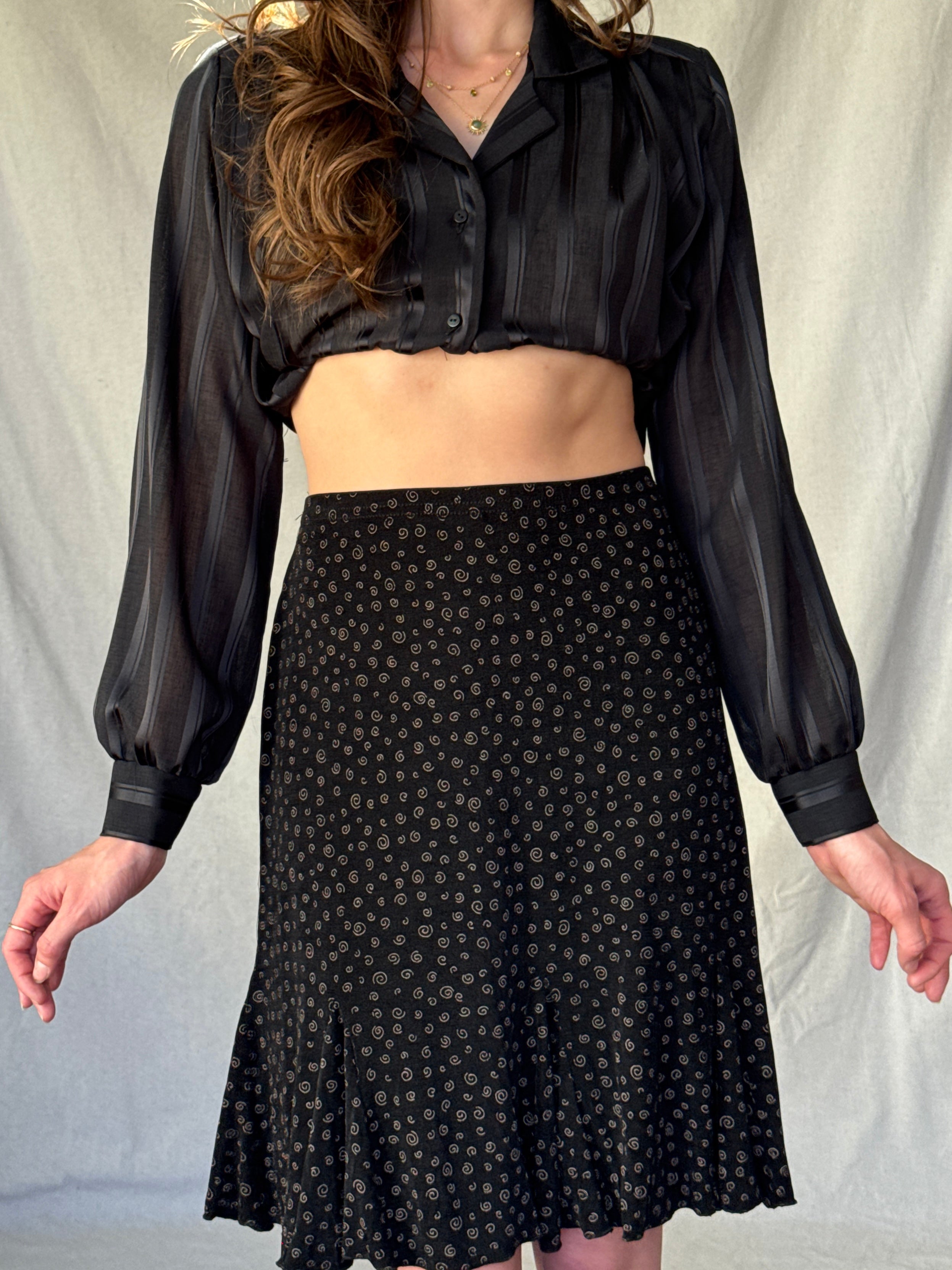 90s Black Swirl Print Midi Skirt