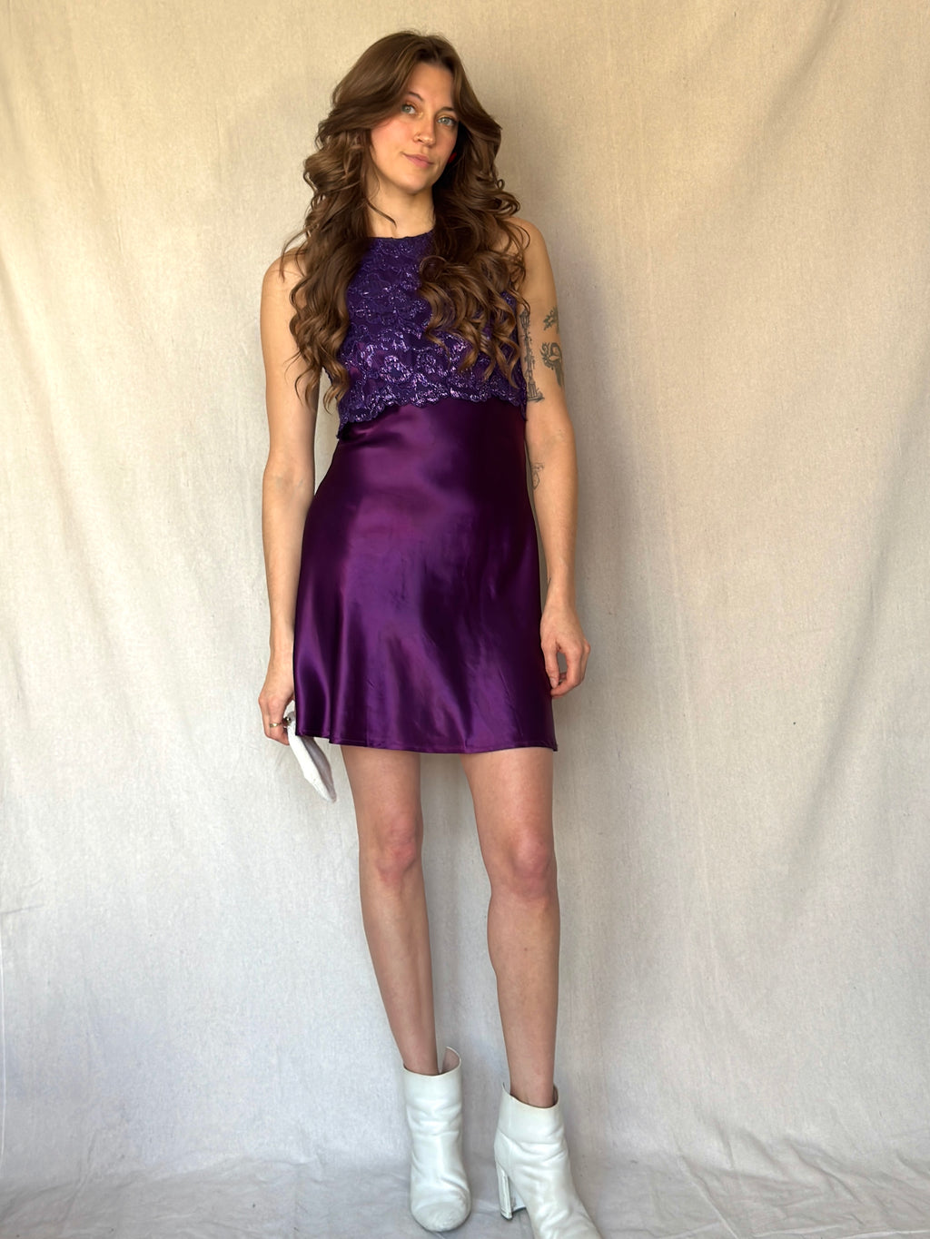 90s Purple Lace Satin Mini Keyhole Dress