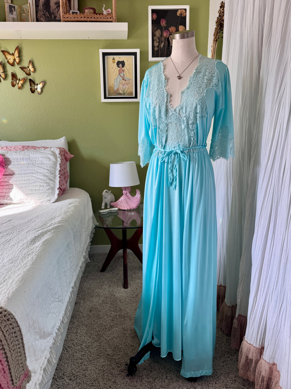 70s Turquoise Blue Nylon Neglige & Peignoir Set