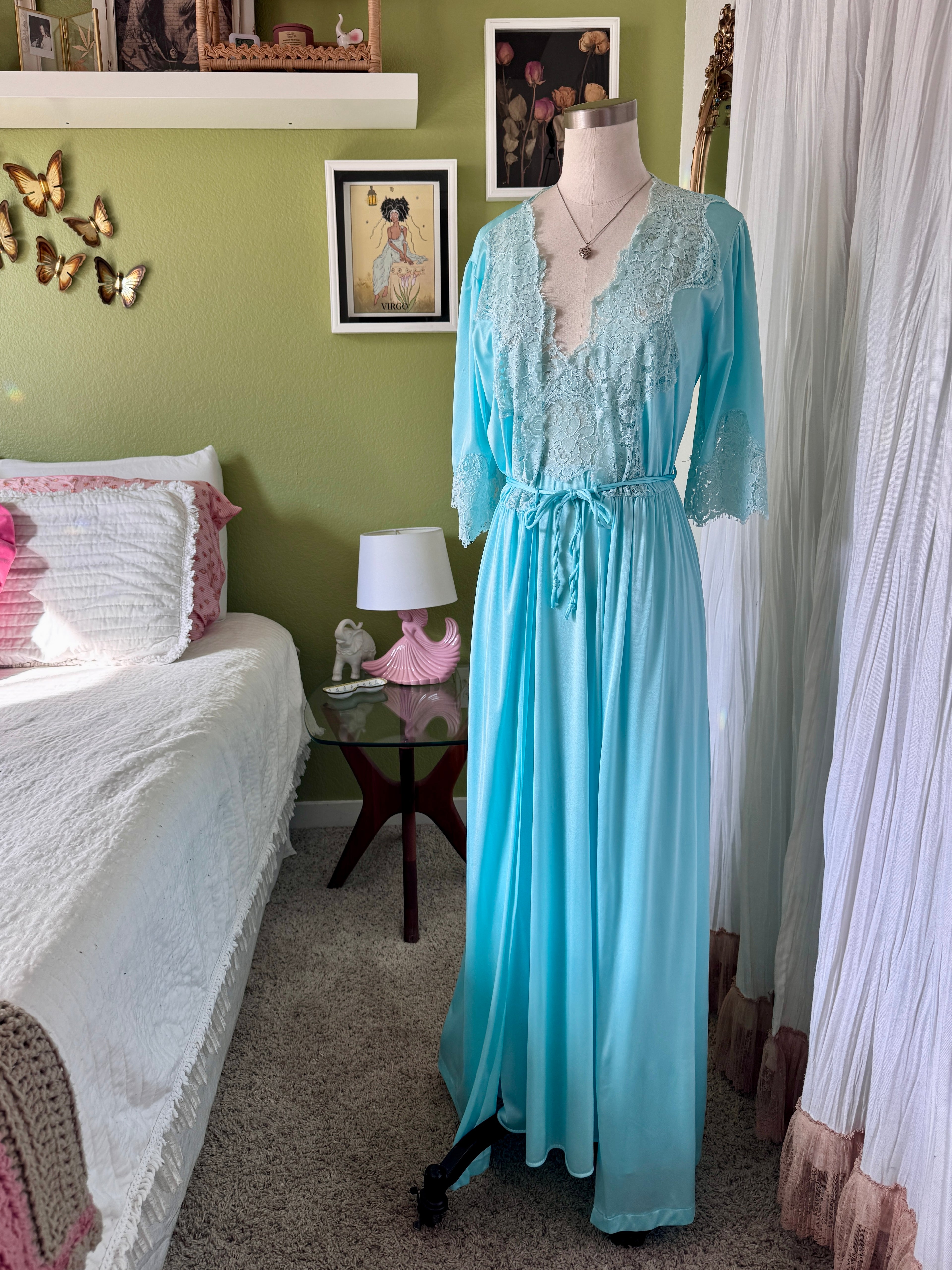 70s Turquoise Blue Nylon Neglige & Peignoir Set