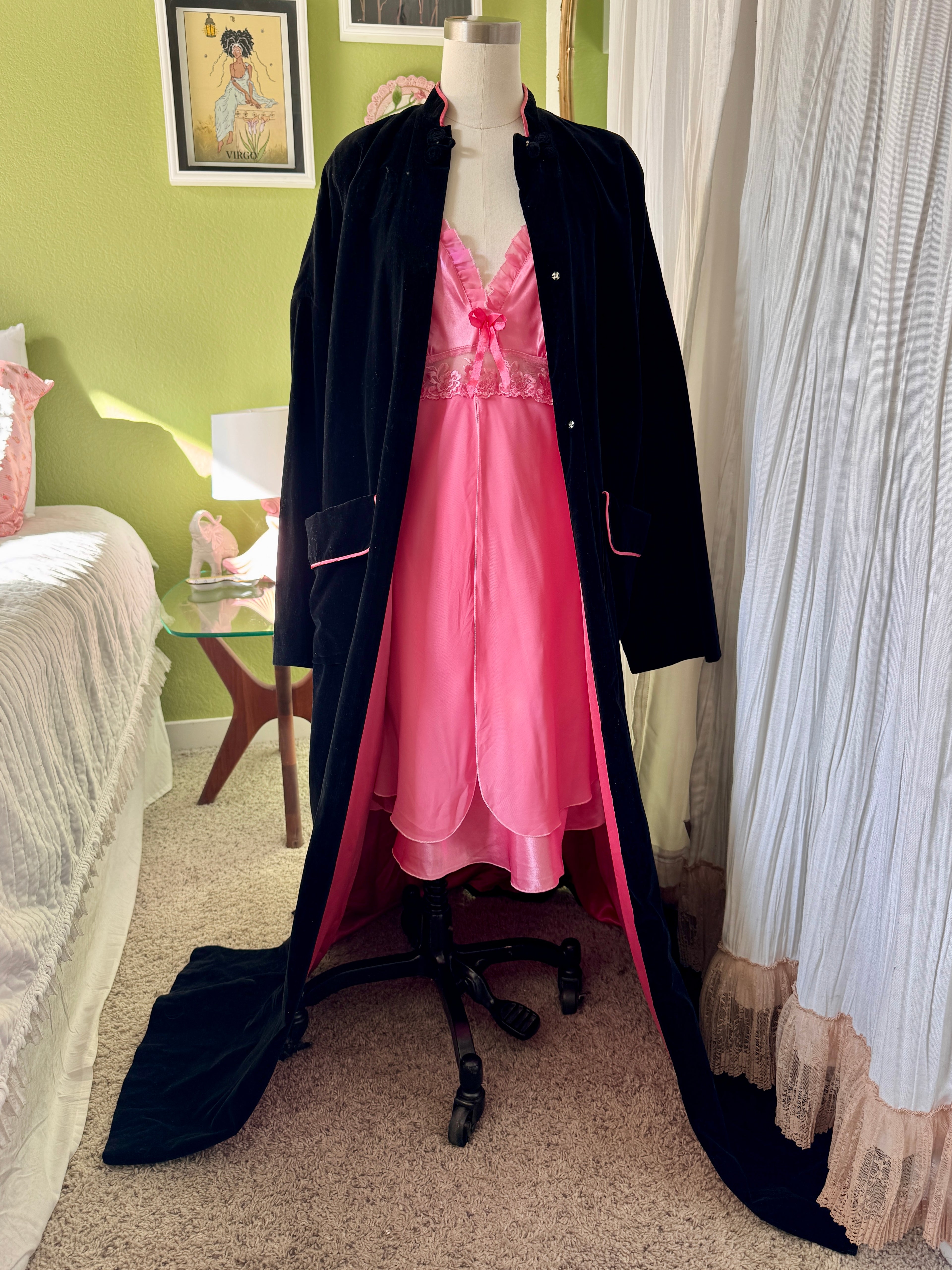 50s Black Velvet Pink Lined Smoking Jacket Duster Coat