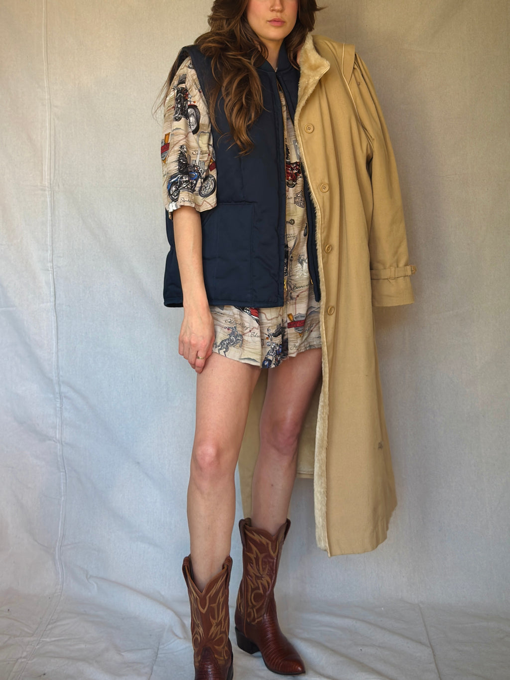70s Tan Faux Shearling Trench Coat