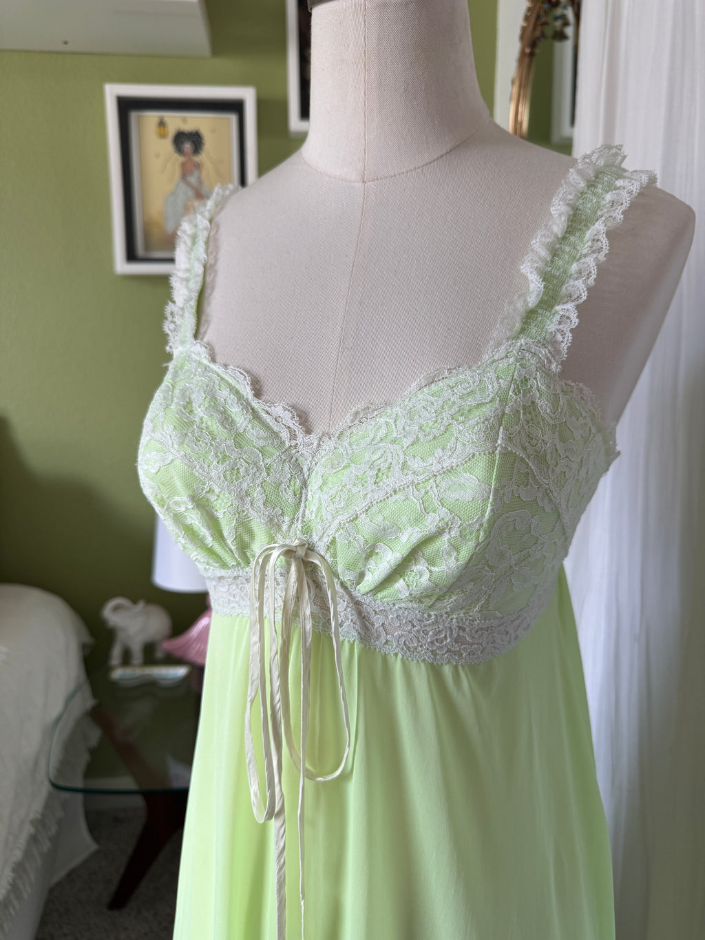 60s/70s Key Lime Green Nylon Lace Neglige Slip Dress