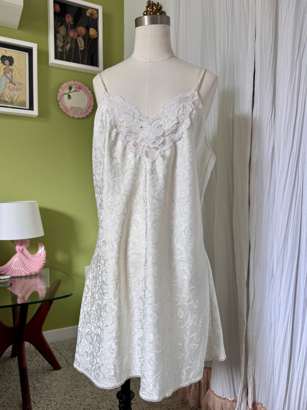 90s Ivory Satin Lace Jacquard Slip Dress