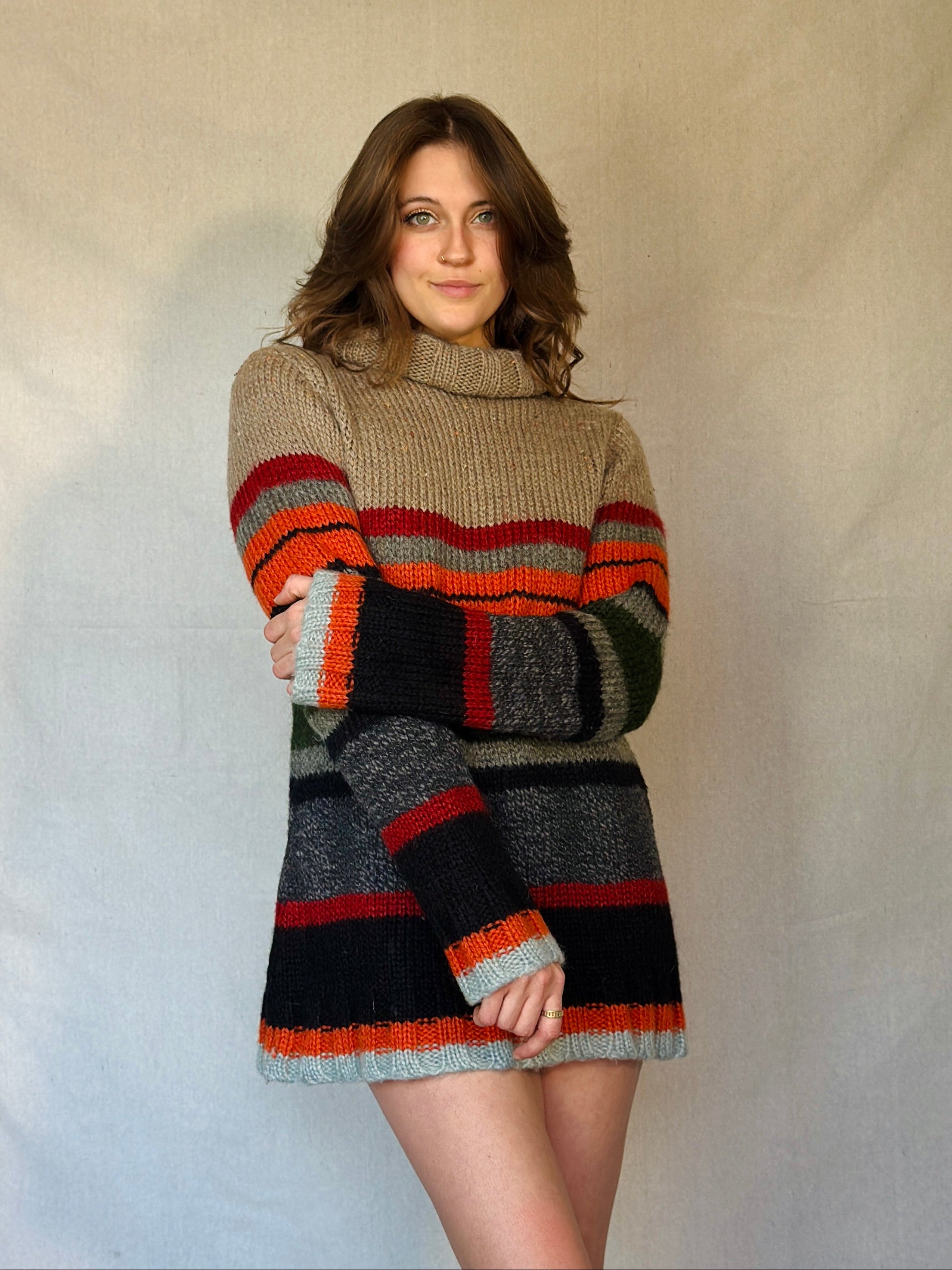 Vintage Striped Wool Knit Mini Sweater Dress