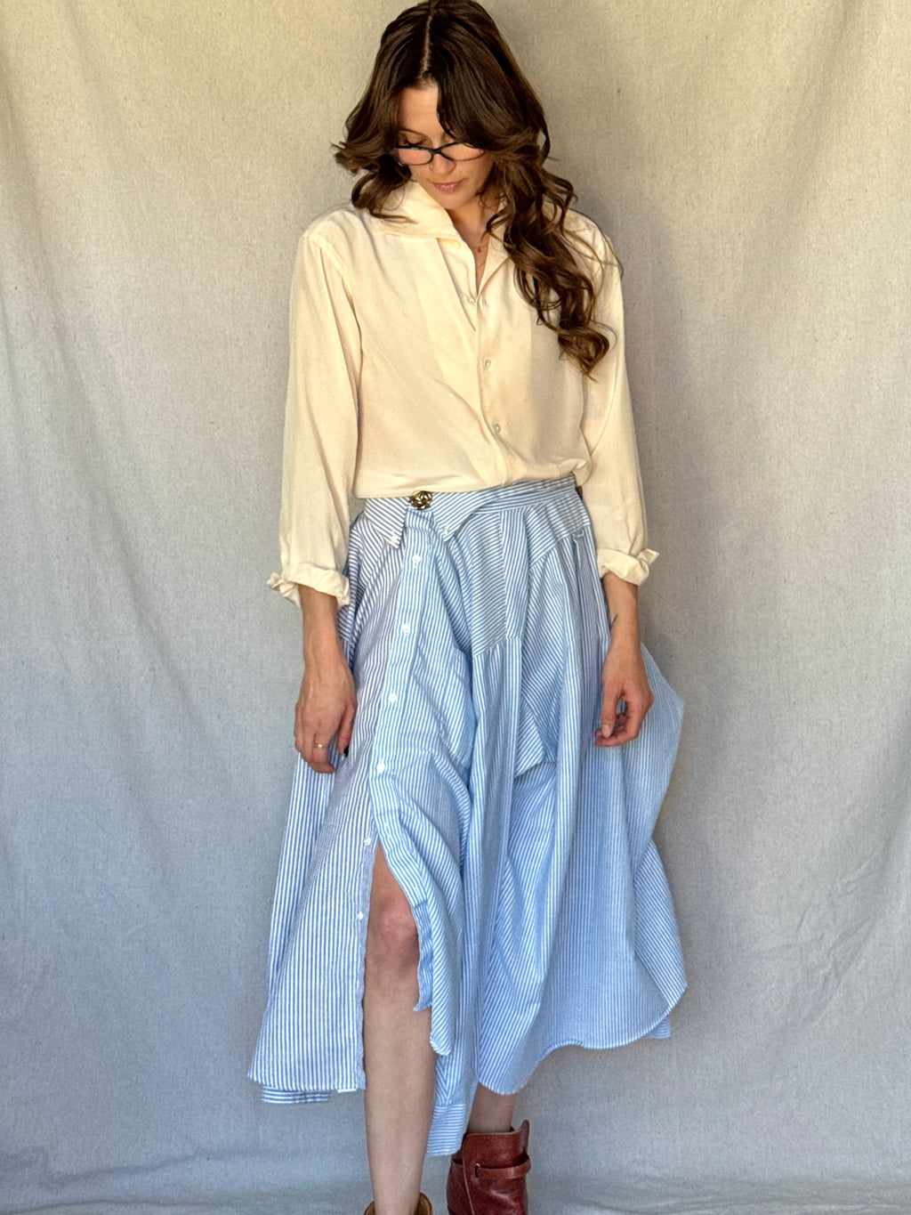 Repurposed Blue Pinstriped Button Up Skirt Set