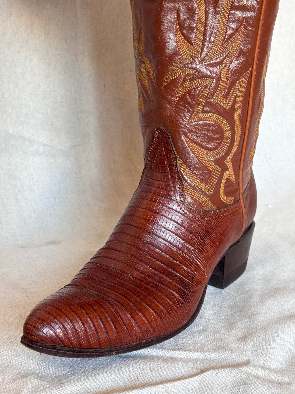 Vintage Brown Lizard Leather Stitched Tony Lama Cowboy Boots