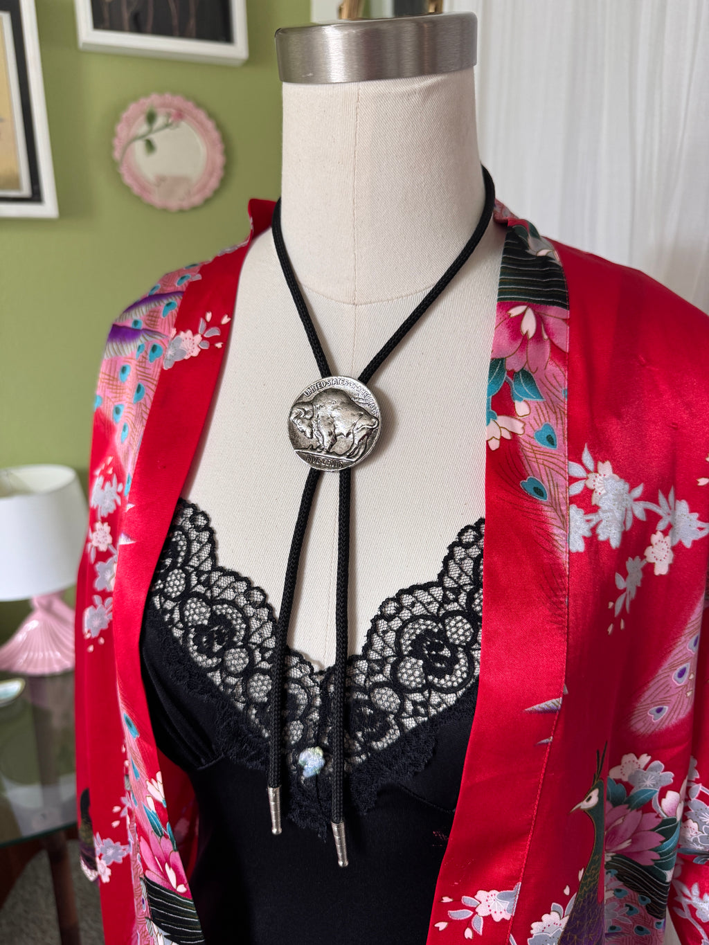 60s Black Lace Slip Dress Rosette Detail
