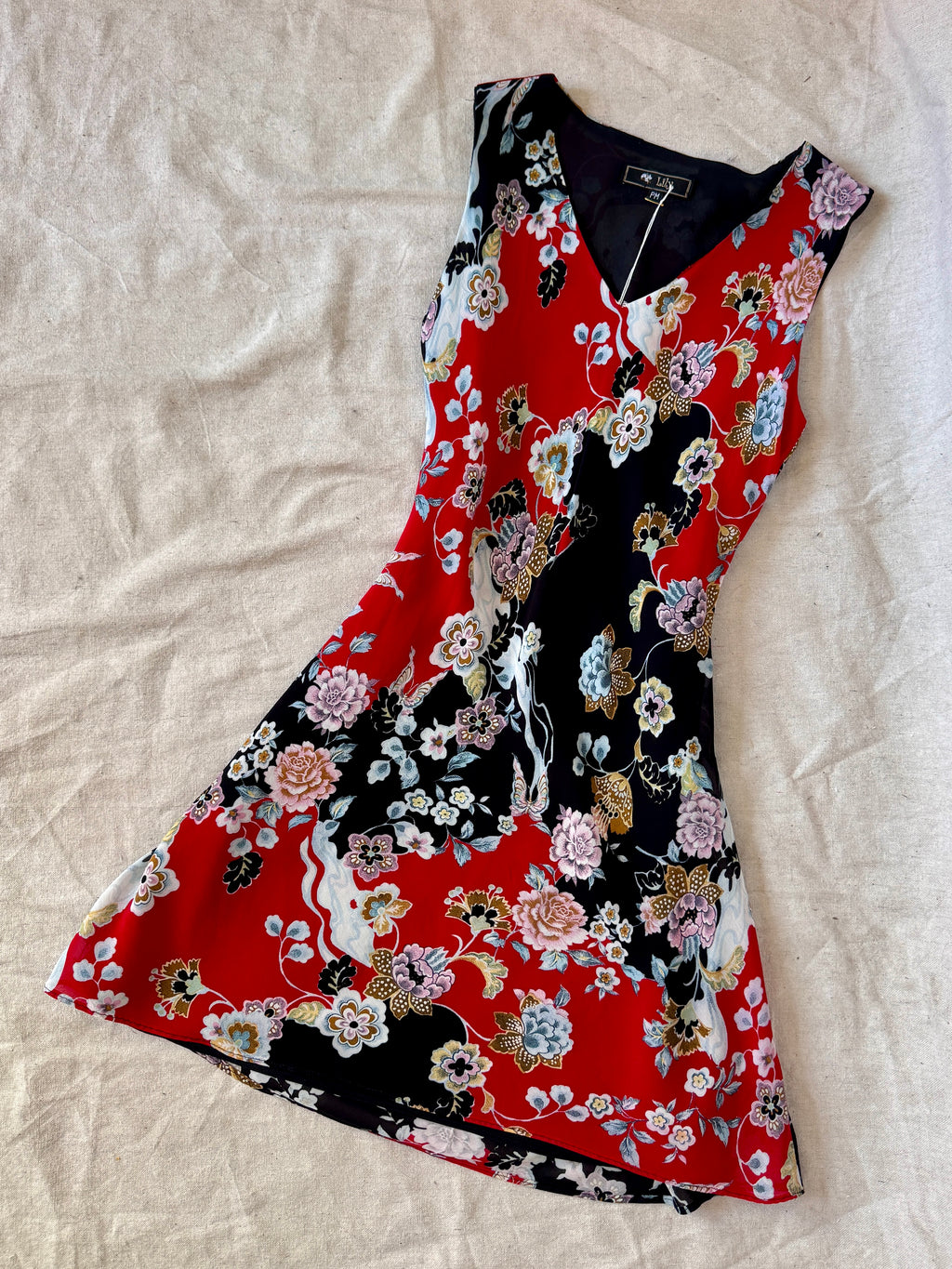 90s Black & Red Floral Butterfly Whimsigoth Chiffon Mini Dress