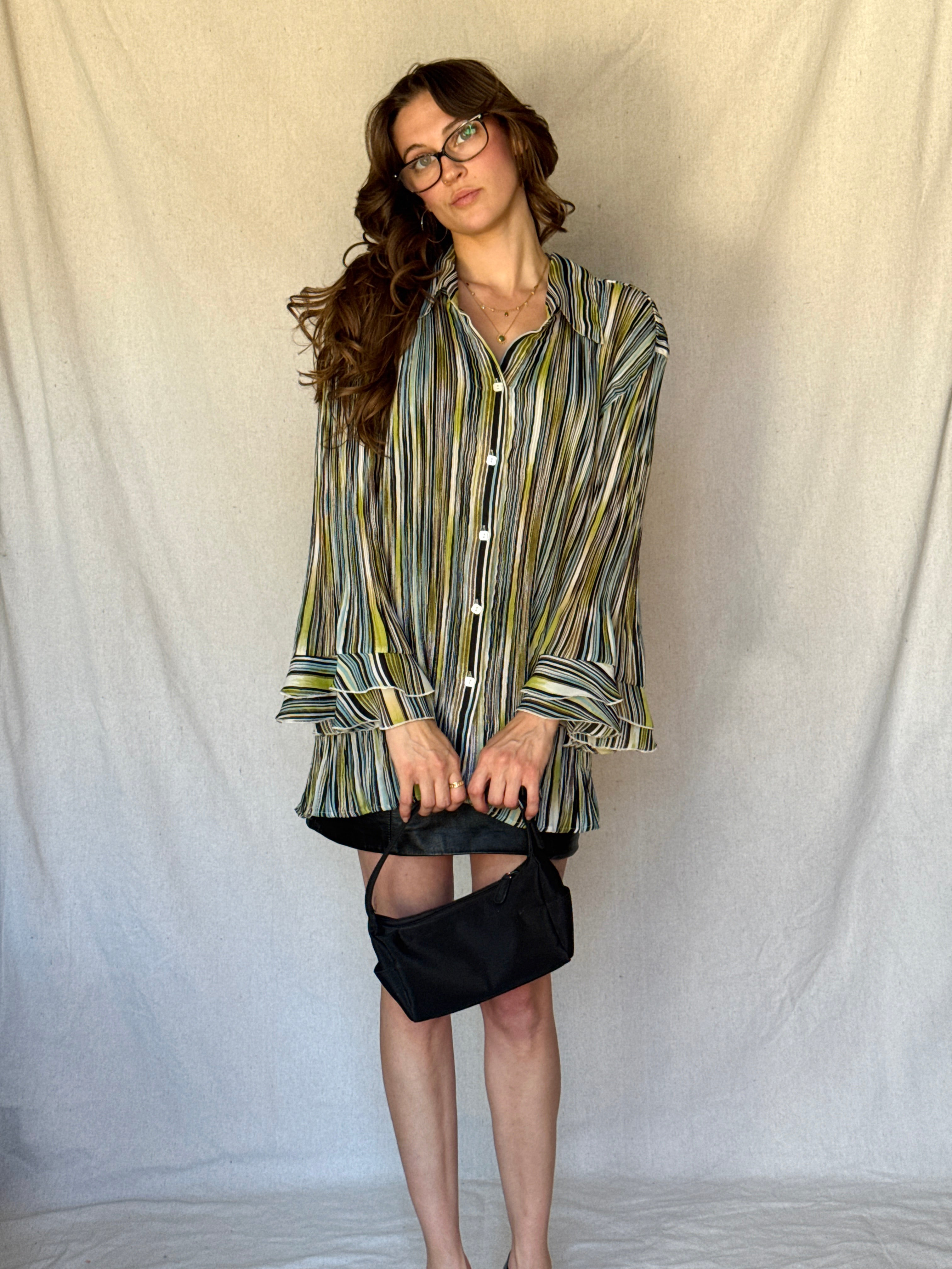 Y2K Striped Whimsy Crinkle Pleat Blouse