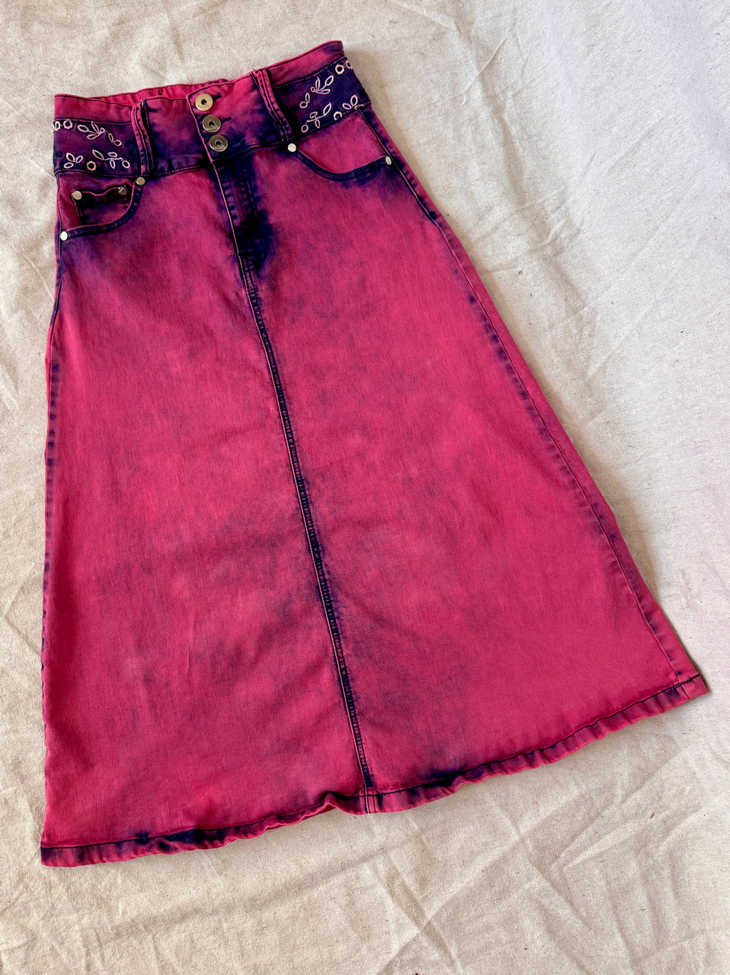 90s/Y2K Pink Whimsigoth Bleach Dye Embroidered Midi Skirt
