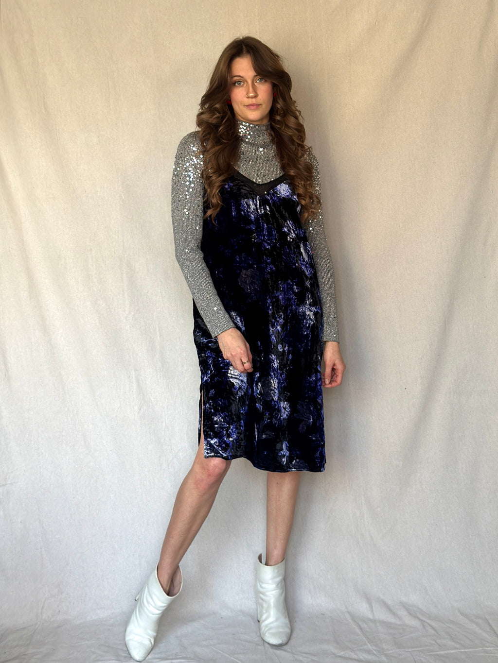 90s Silver Lurex Sequin Mockneck Ribbed Top