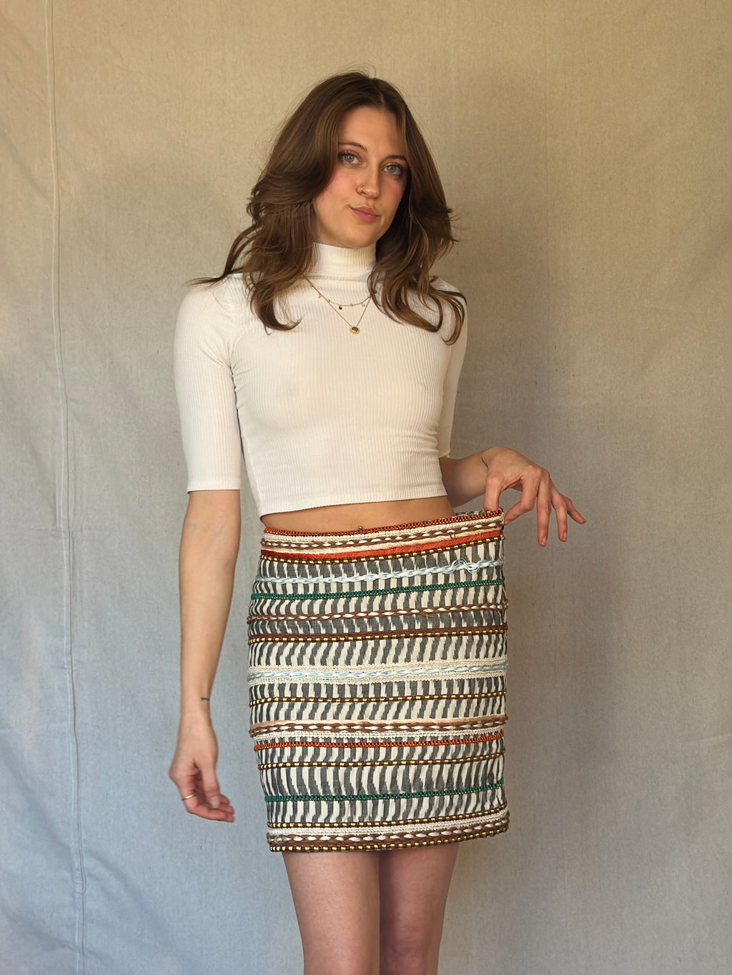 Embroidered Ikat Pencil Skirt (Modern)