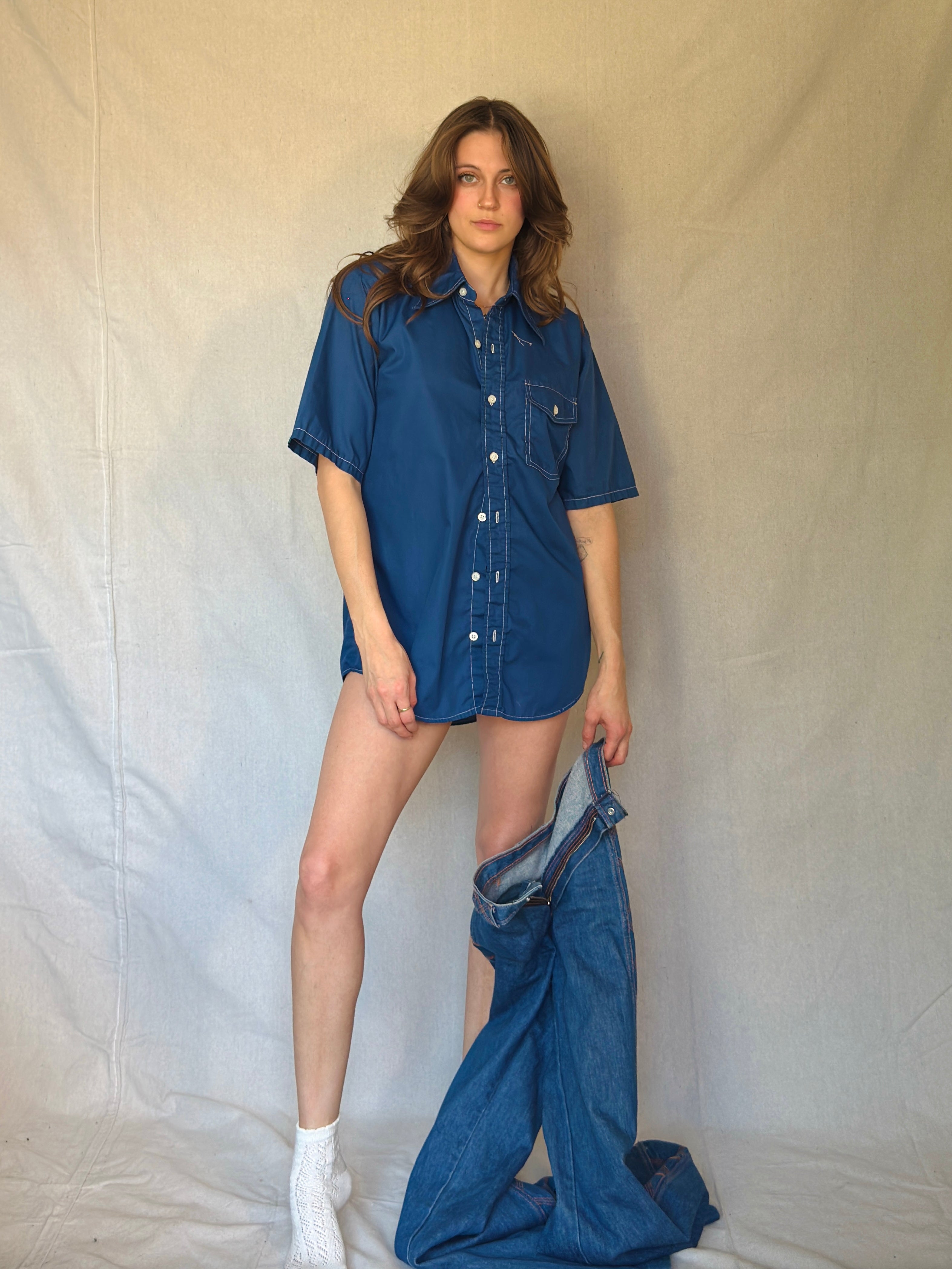 70s Blue Wing Collar Button Up