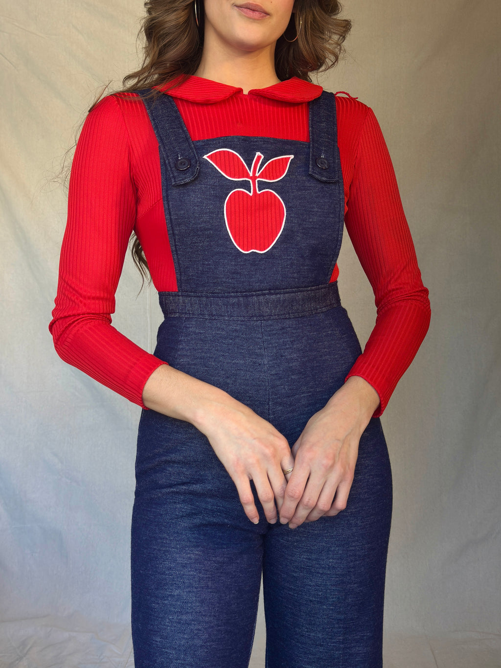 70s Red Apple Peter Pan Collar Overall Jumpsuit