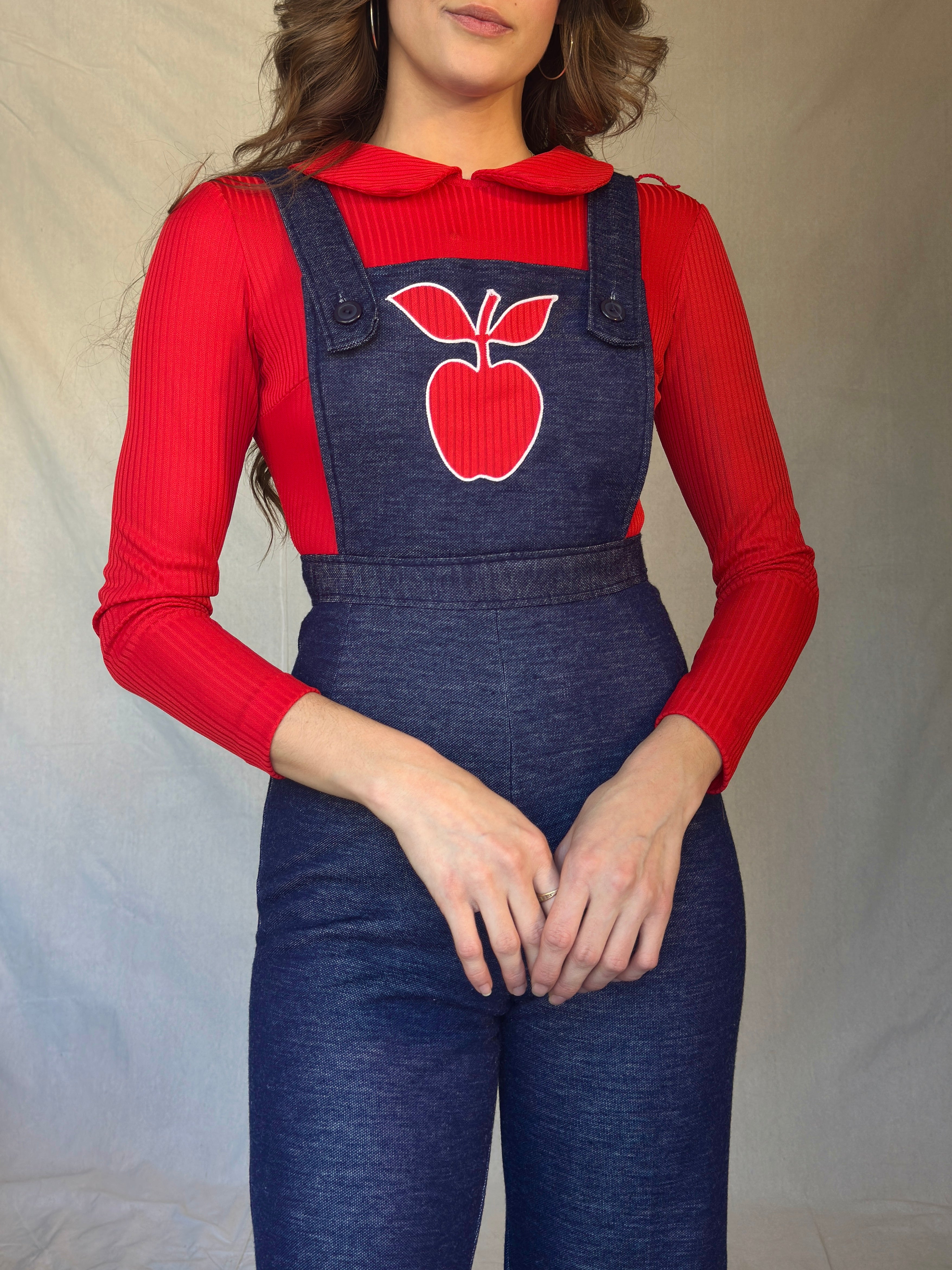 70s Red Apple Peter Pan Collar Overall Jumpsuit