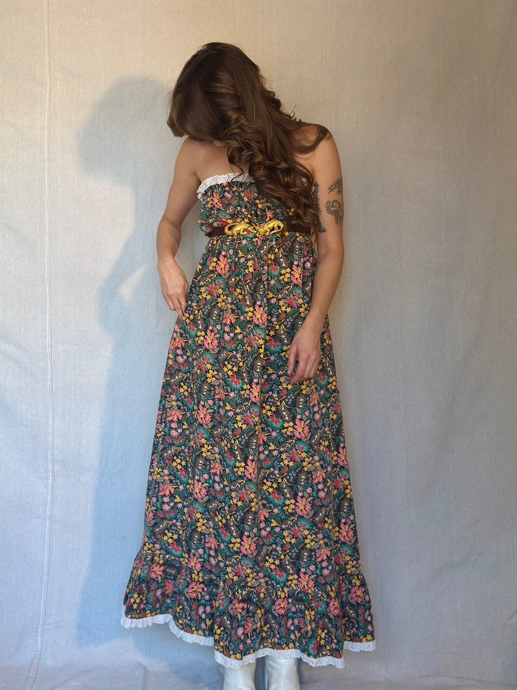 70s Brown Floral Strapless Maxi Dress