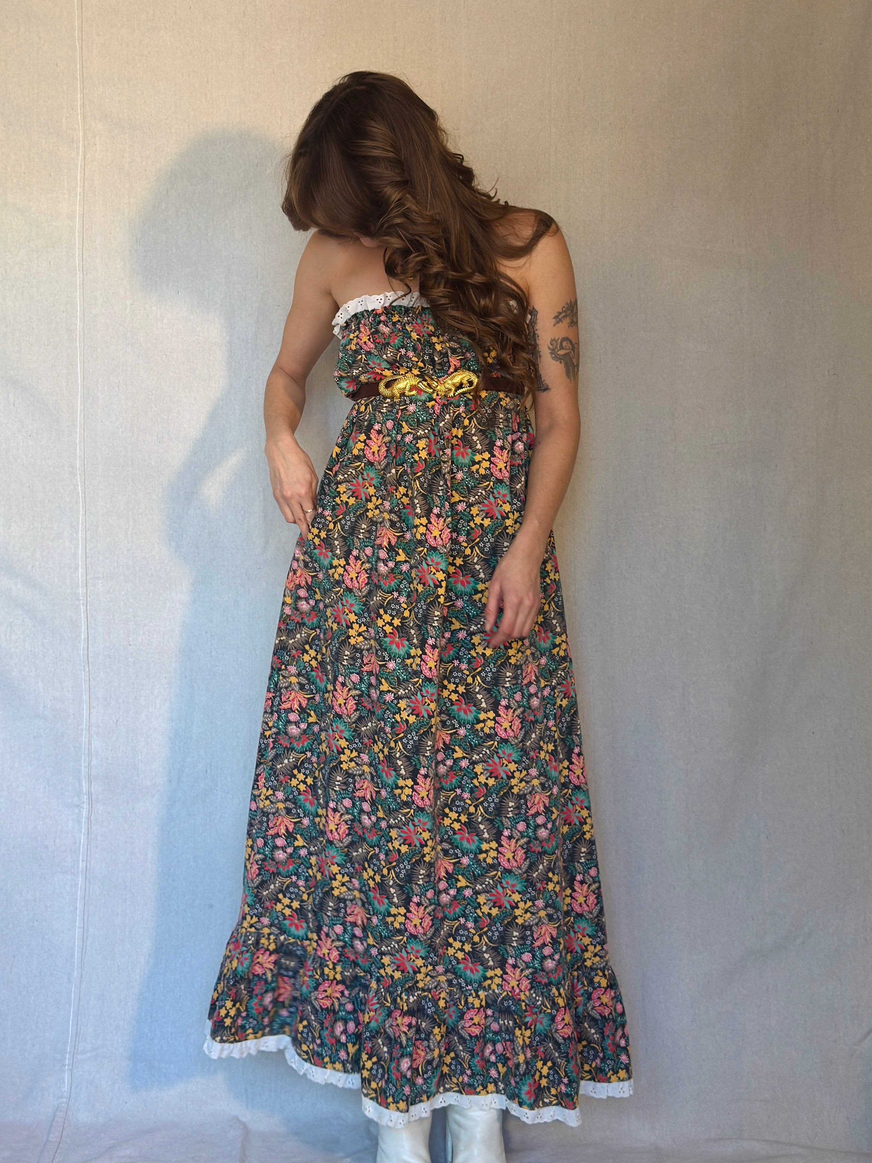 70s Brown Floral Strapless Maxi Dress